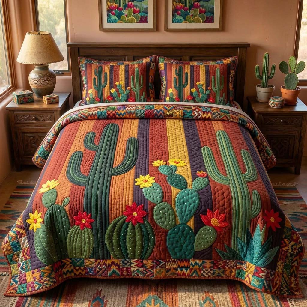 Sunset Cactus Field Quilted Bedding Set Bed Bedding Set Best Father's Day Gifts For Grandpa