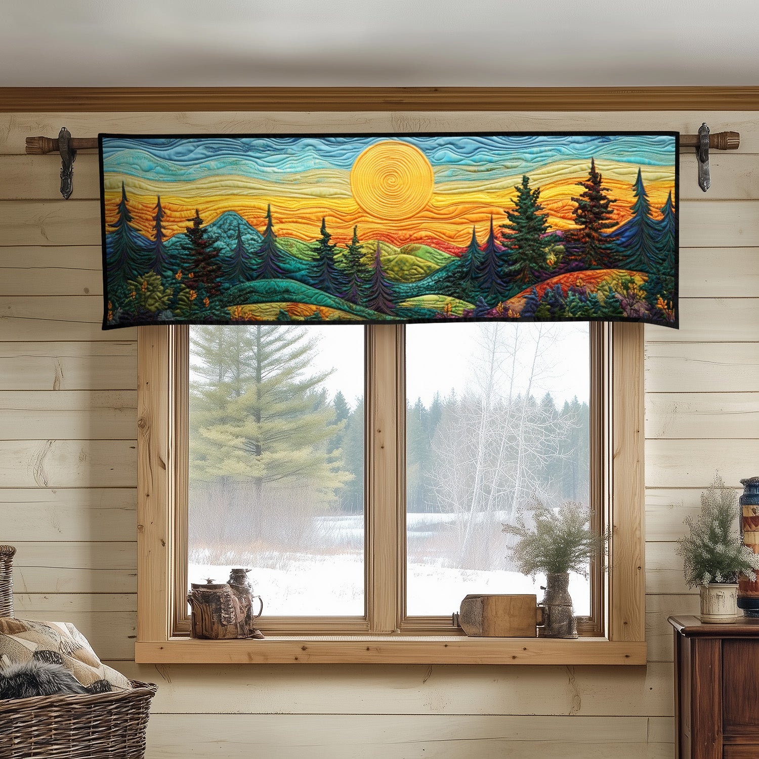 Sunset Forest Quilted Valance Christmas Kitchen Decor Gifts For Forestry Workers