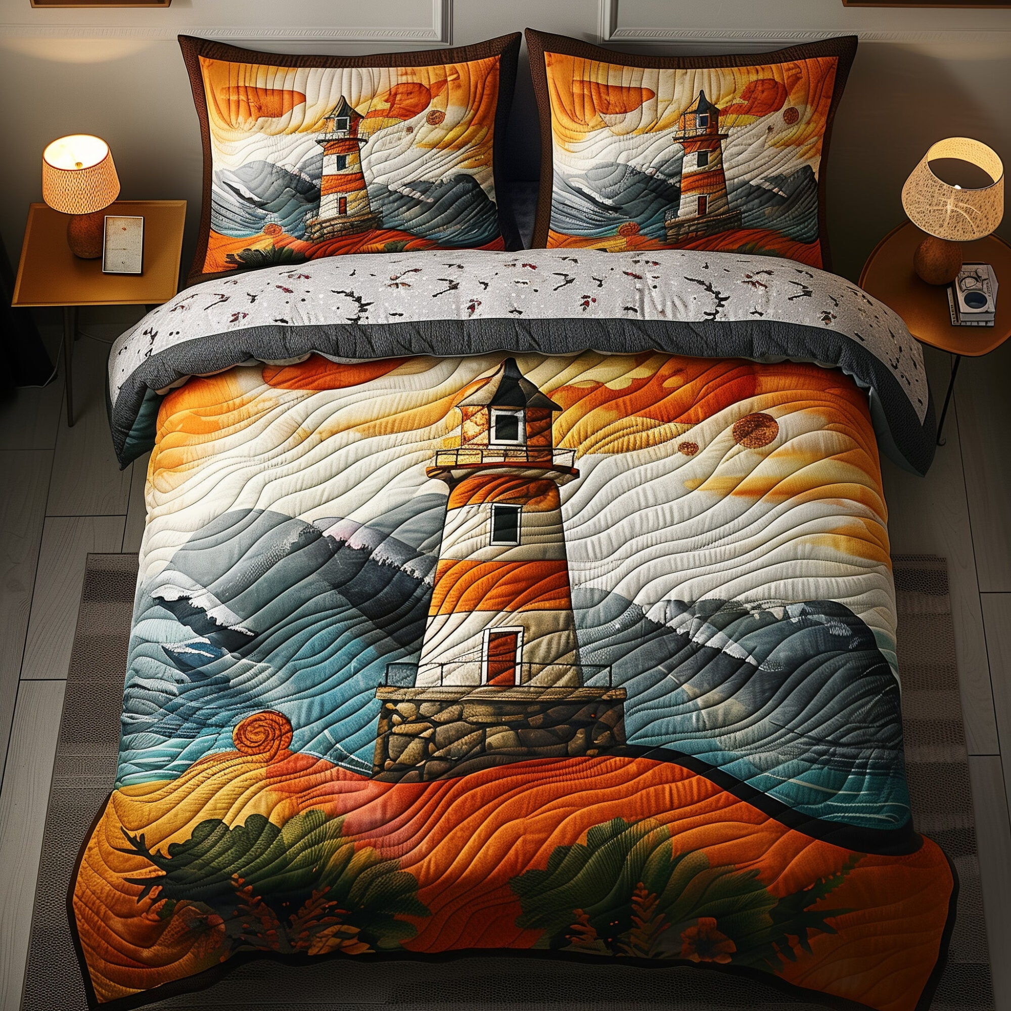 Sunset Lighthouse Quilted Bedding Set Lighthouse At Twilight Decor Unique Bedding Gifts