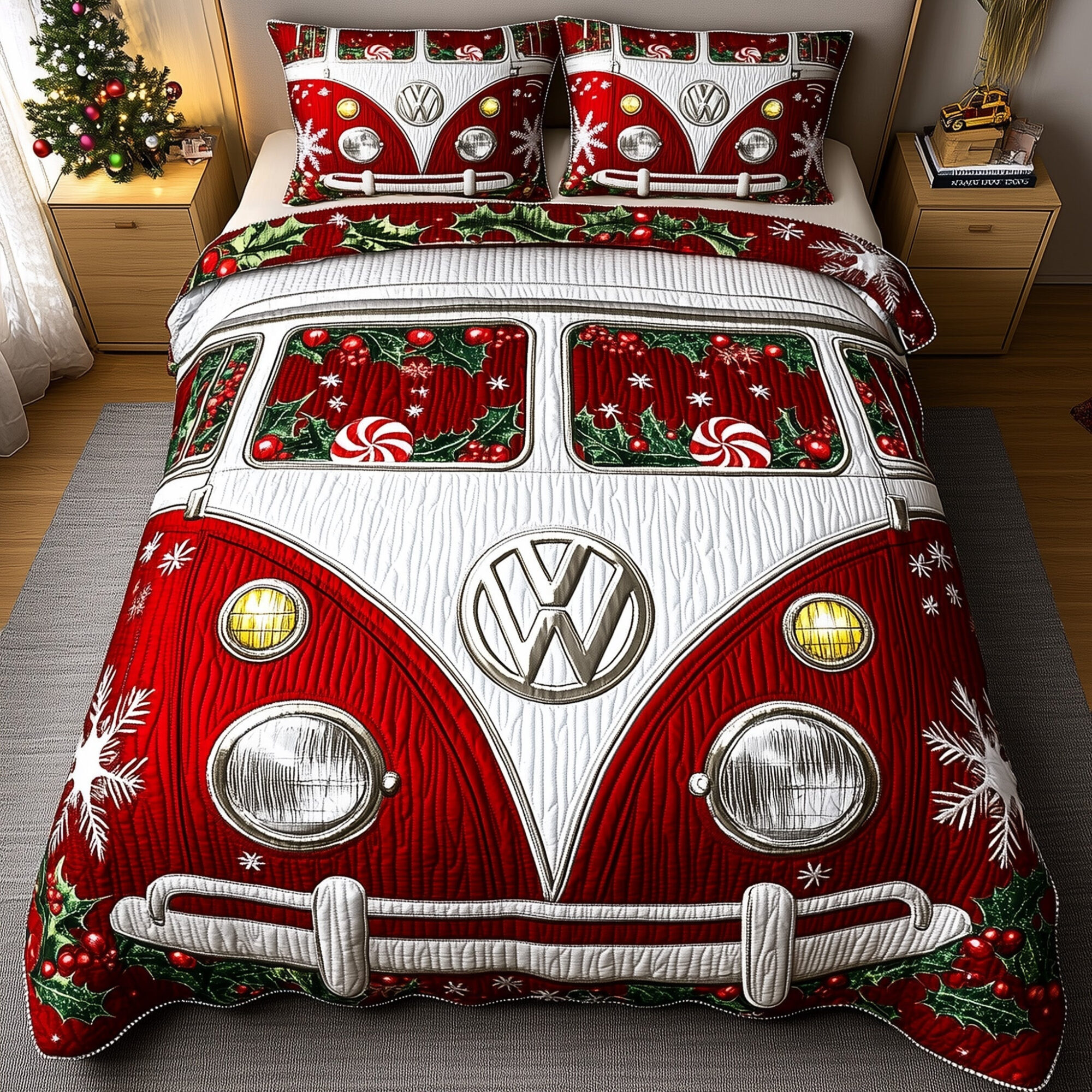 Sweet Stripe Quilted Bedding Set Christmas Safe Drive Decor Xmas Bedding Gifts