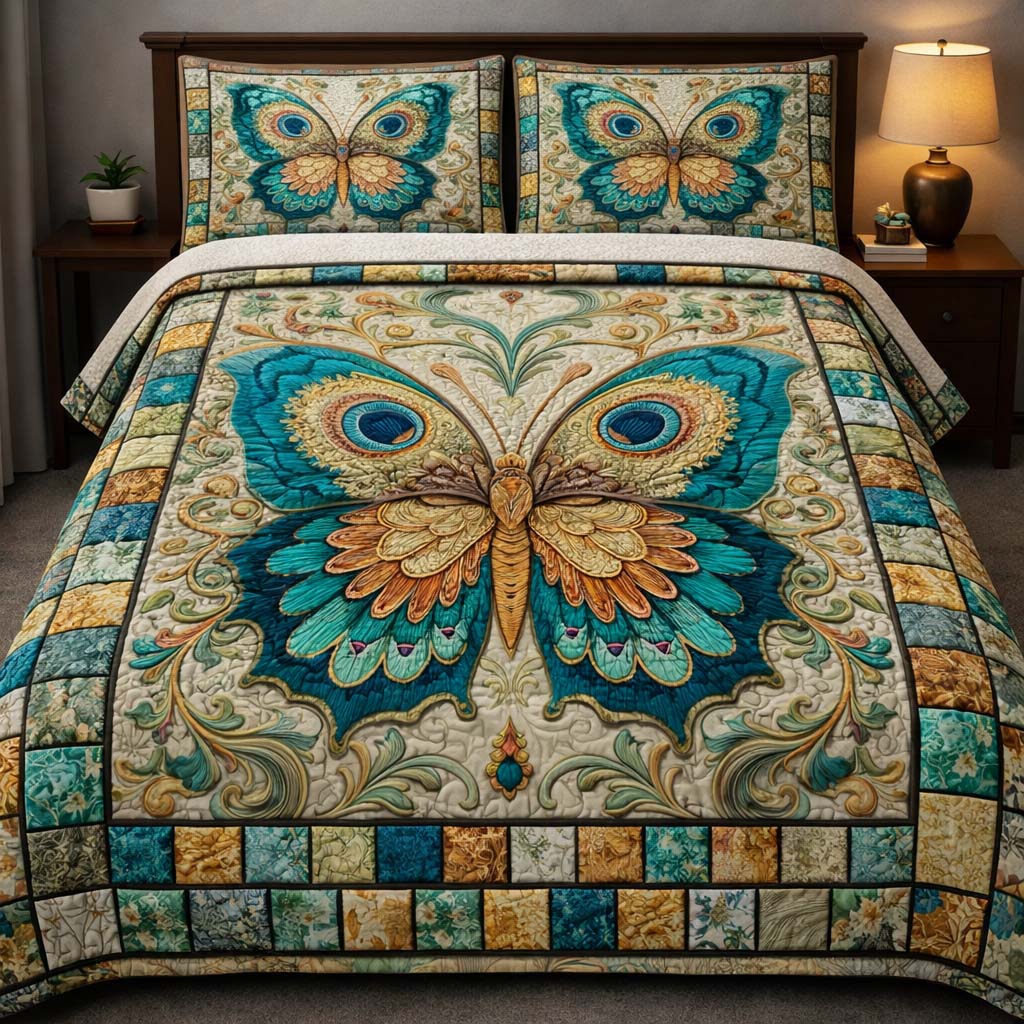 Teal Butterfly Symphony Quilted Bedding Set Comforter Sets Good Mother's Day Gifts For Mom