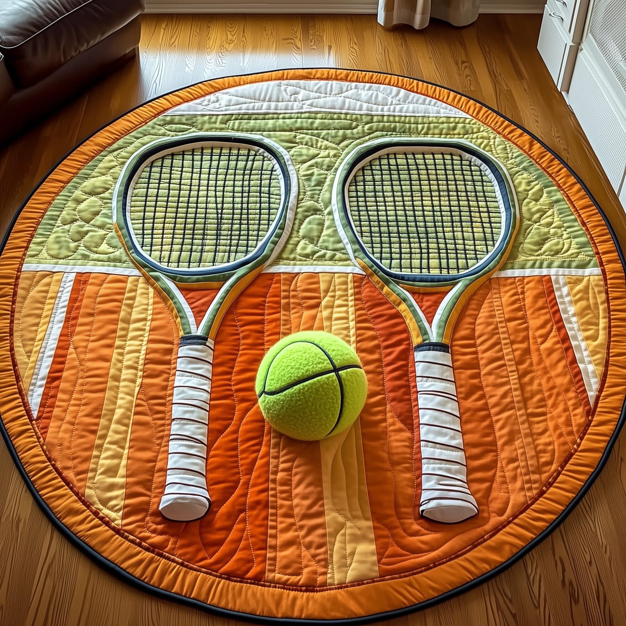 Tennis Time Quilted Round Mat Soft Cotton Quilted Round Mat for Daily Comfort