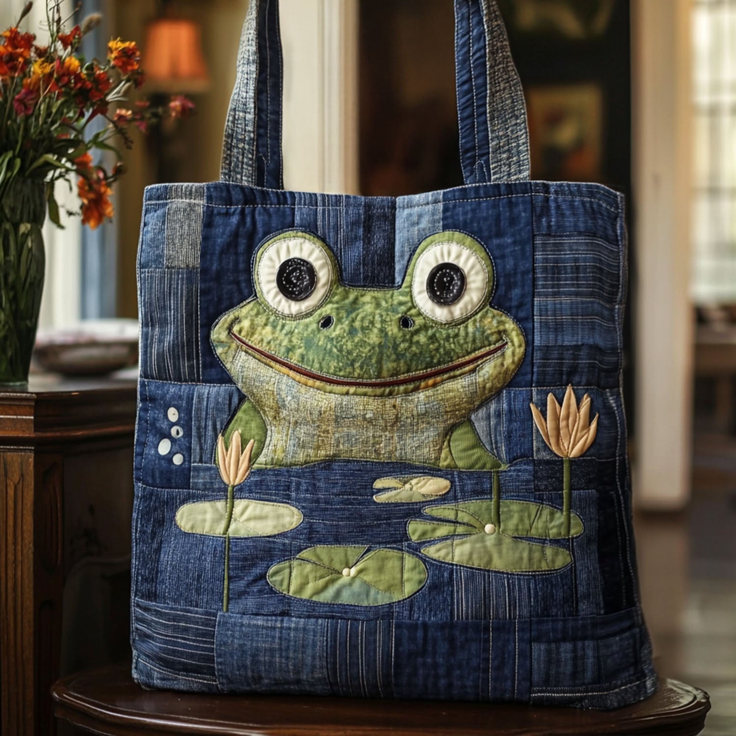 The Hoppy Camper Quilted Tote Bag Ladies Shoulder Bags Frog Christmas Gifts