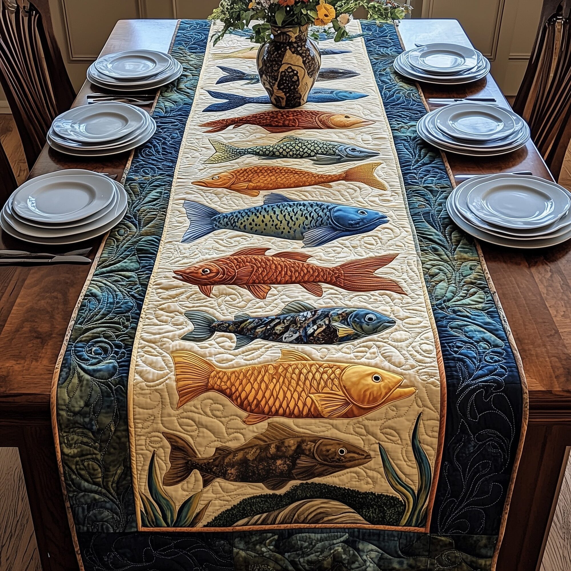 The Wild Catch Quilted Table Runner Dining Room Table Runners Fishing Presents For Dad