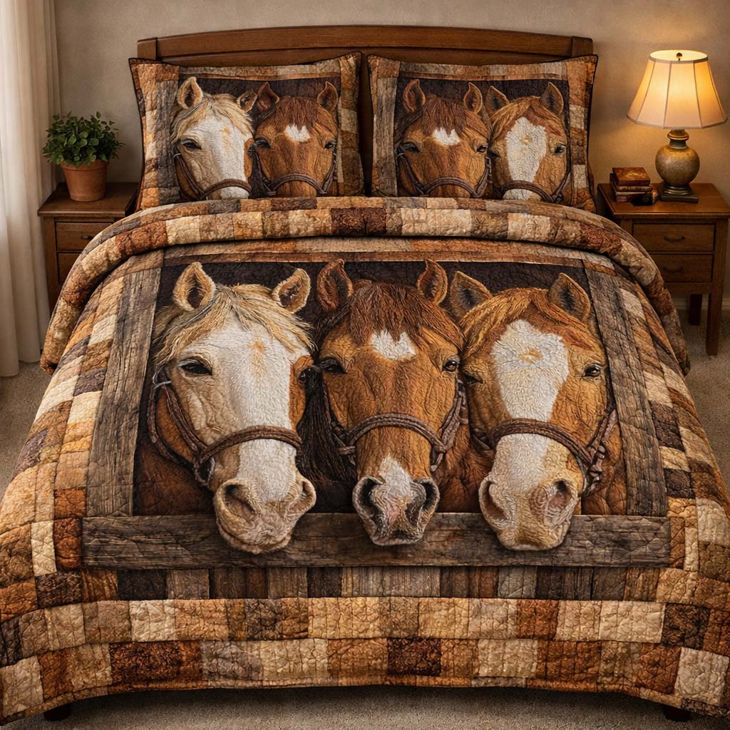 Three Ranch Horses Quilted Bedding Set Good Bed Sets Unique Equestrian Gifts