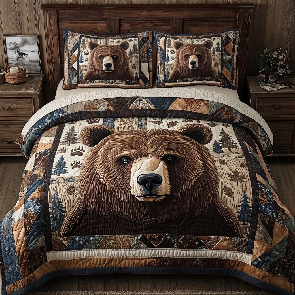 Timber Crown Quilted Bedding Set Bedroom Room Decor Best Gifts For Bear Lovers Men