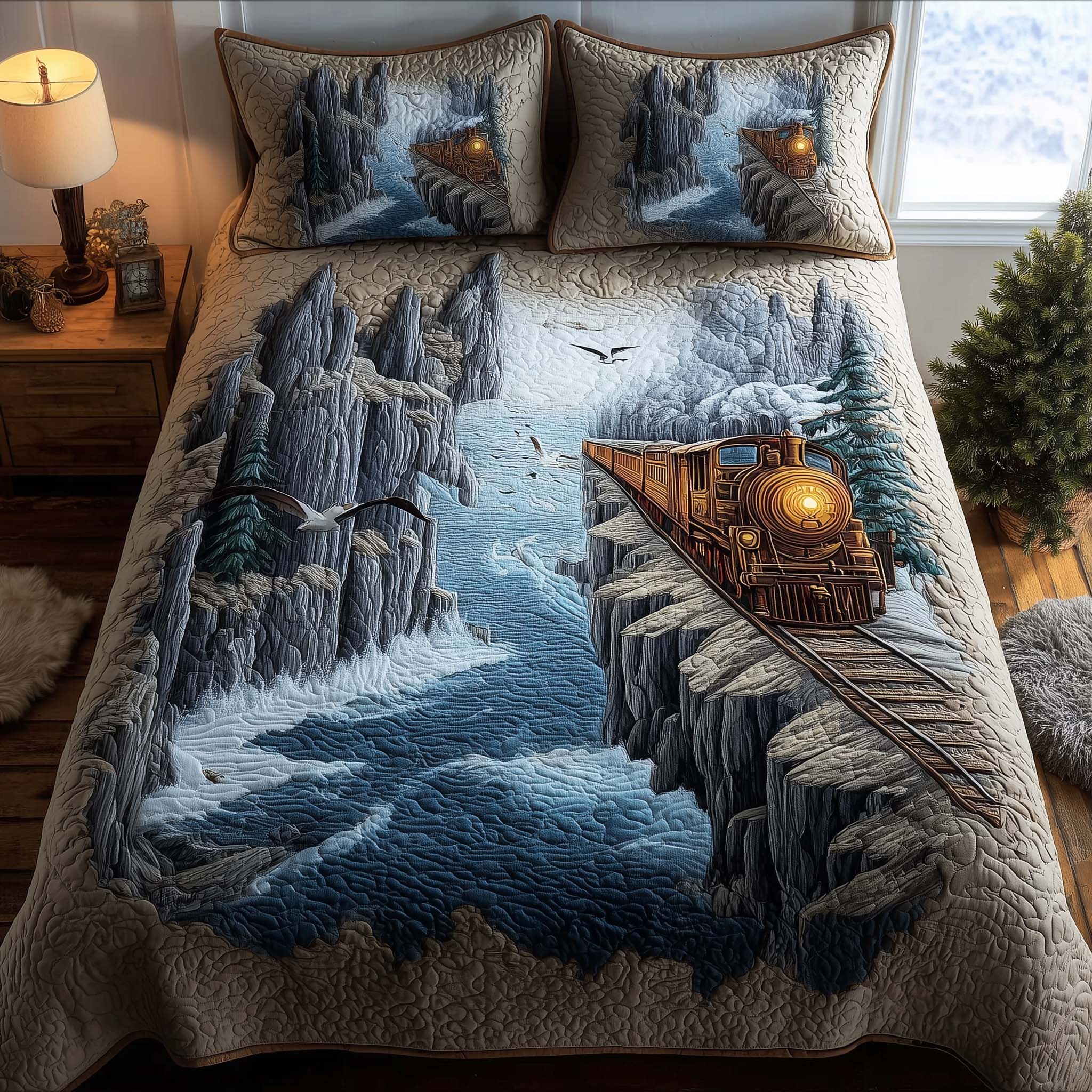 Train Journey Quilted Bedding Set Bed Comforter Set Unique Train Gifts