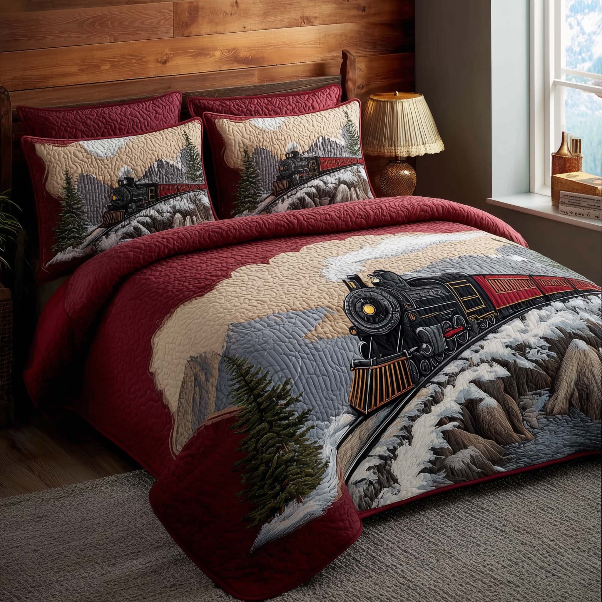 Train Journey Quilted Bedding Set Queen Bed Set Presents For Train Lovers