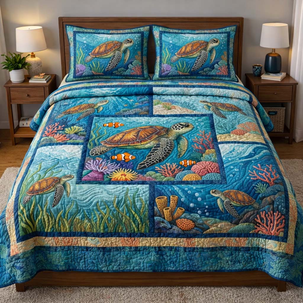 Tranquil Turtle Quilted Bedding Set Best King Bed Sheets Sea Turtle Gift Ideas For Her