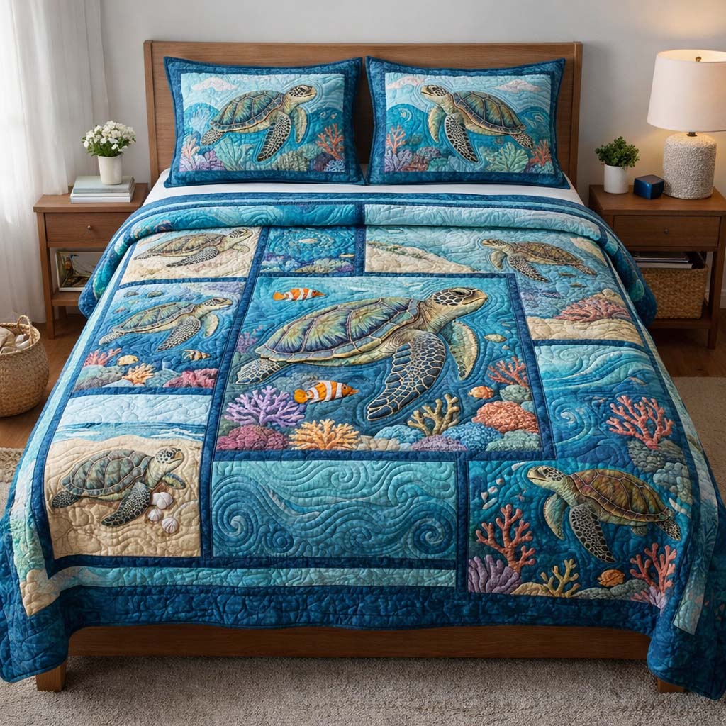 Tranquil Turtle Quilted Bedding Set Best King Bedding Sets Sea Turtle Gifts For Him