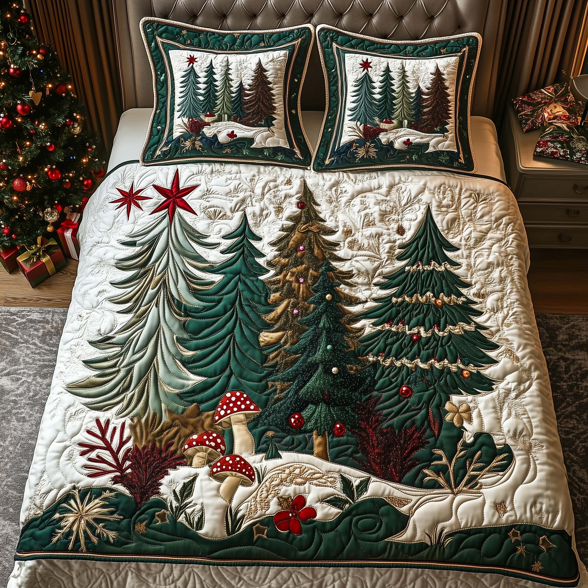 Tree Group Quilted Bedding Set Xmas Duvet Present For Mother In Law Christmas