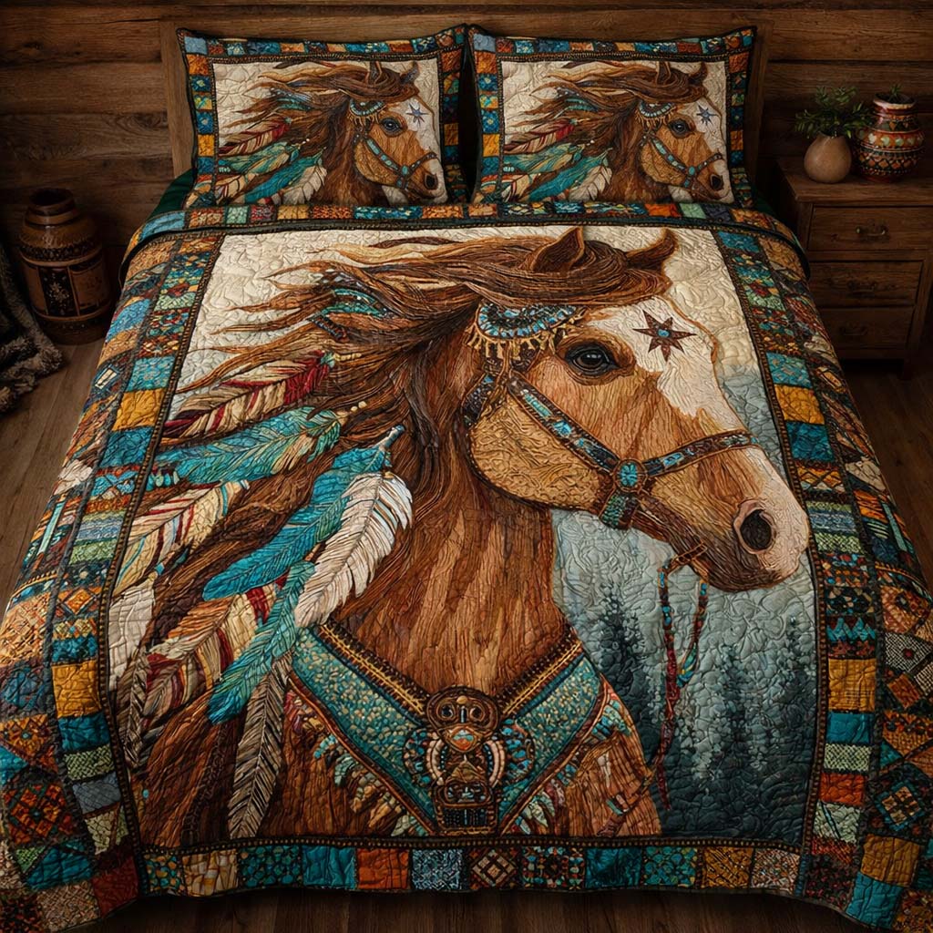 Tribal Feather Horse Quilted Bedding Set Great Bed Sets Gifts For People Who Like Horses