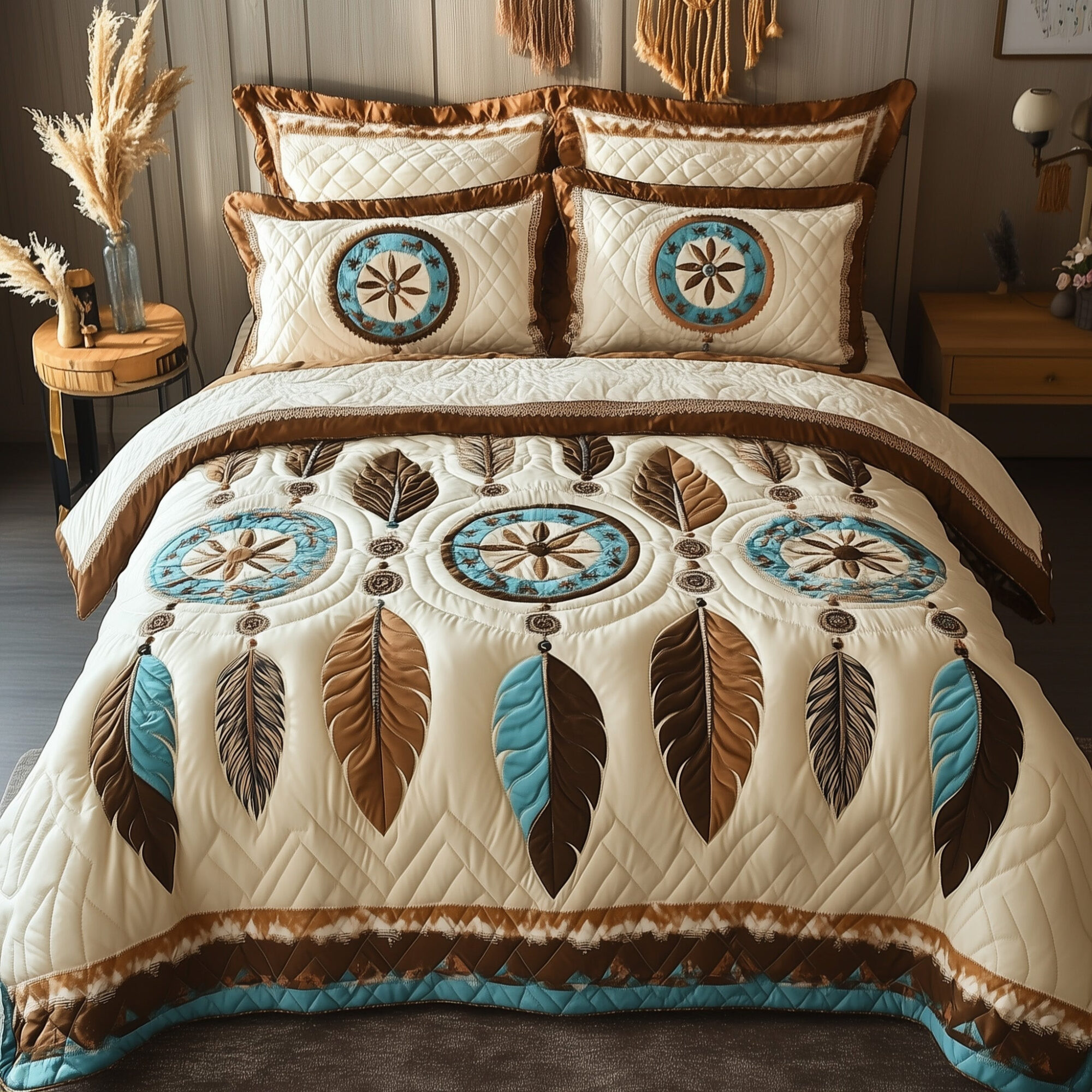 Tribal Soul Dreamcatcher Quilted Bedding Set Boho Feather Peaceful Sleep Theme Gifts Ideas