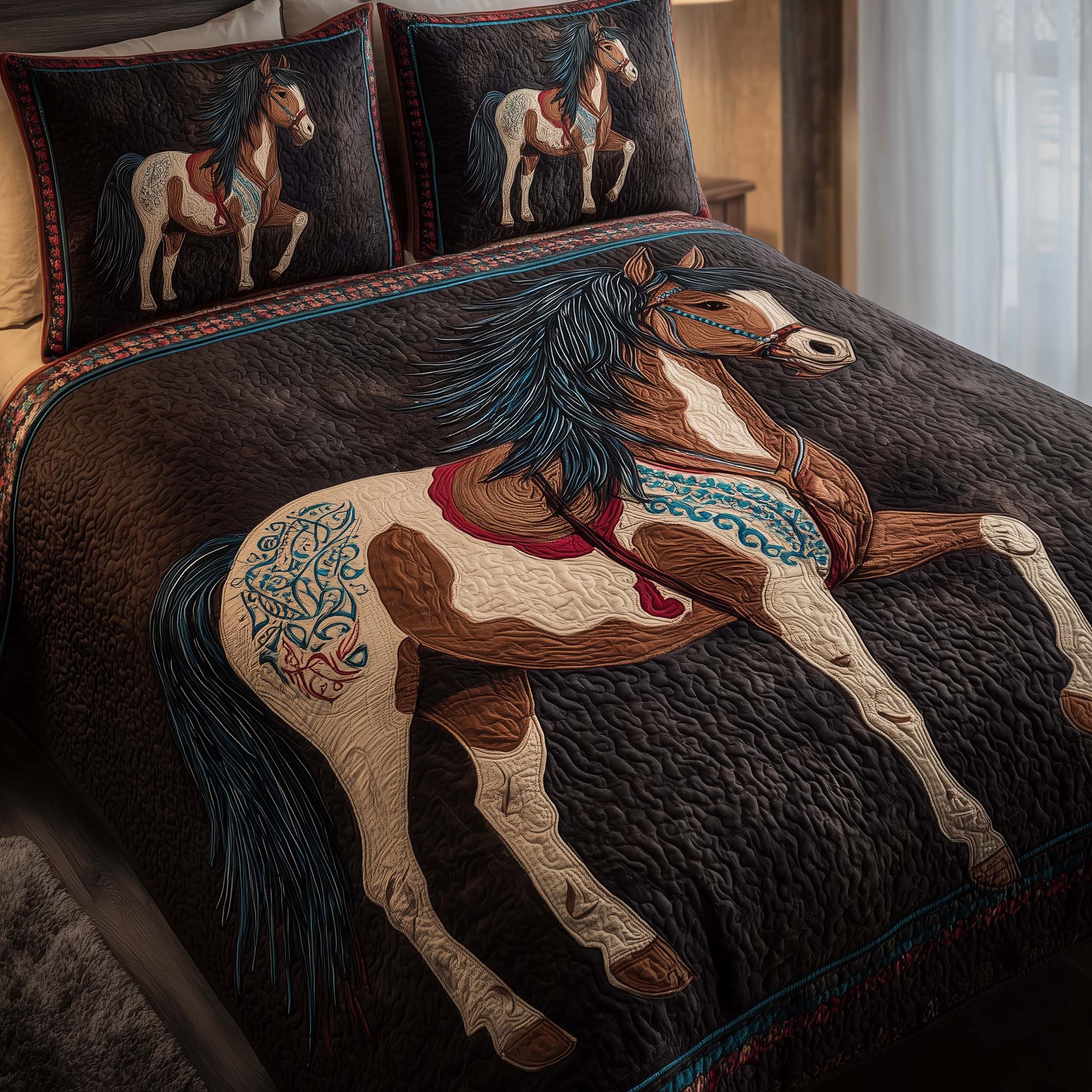 Tribal Spirit Horse Quilted Bedding Set Bed Decor Ideas Gift For Horse Lover Woman