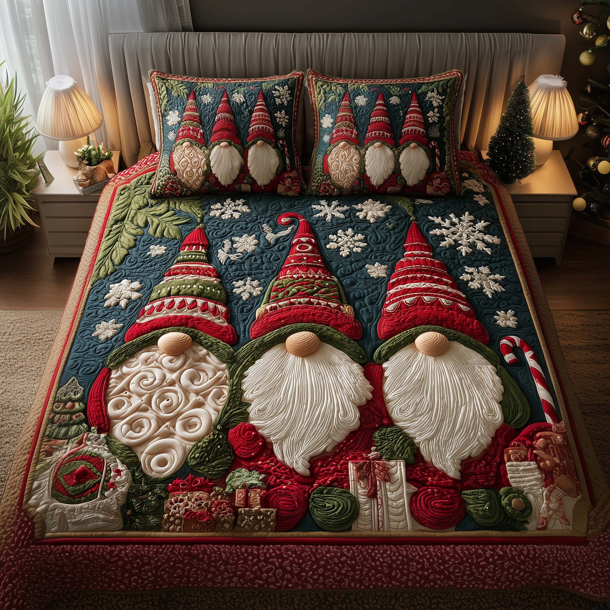 Trio Gnomes Quilted Bedding Set Bedroom Ideas For Christmas Christmas Gnome Gifts