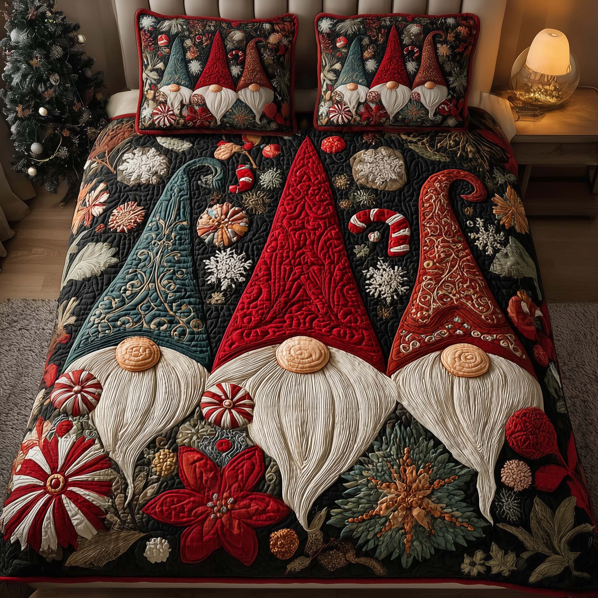 Trio Gnomes Quilted Bedding Set Best Christmas Comforters Gnome Presents