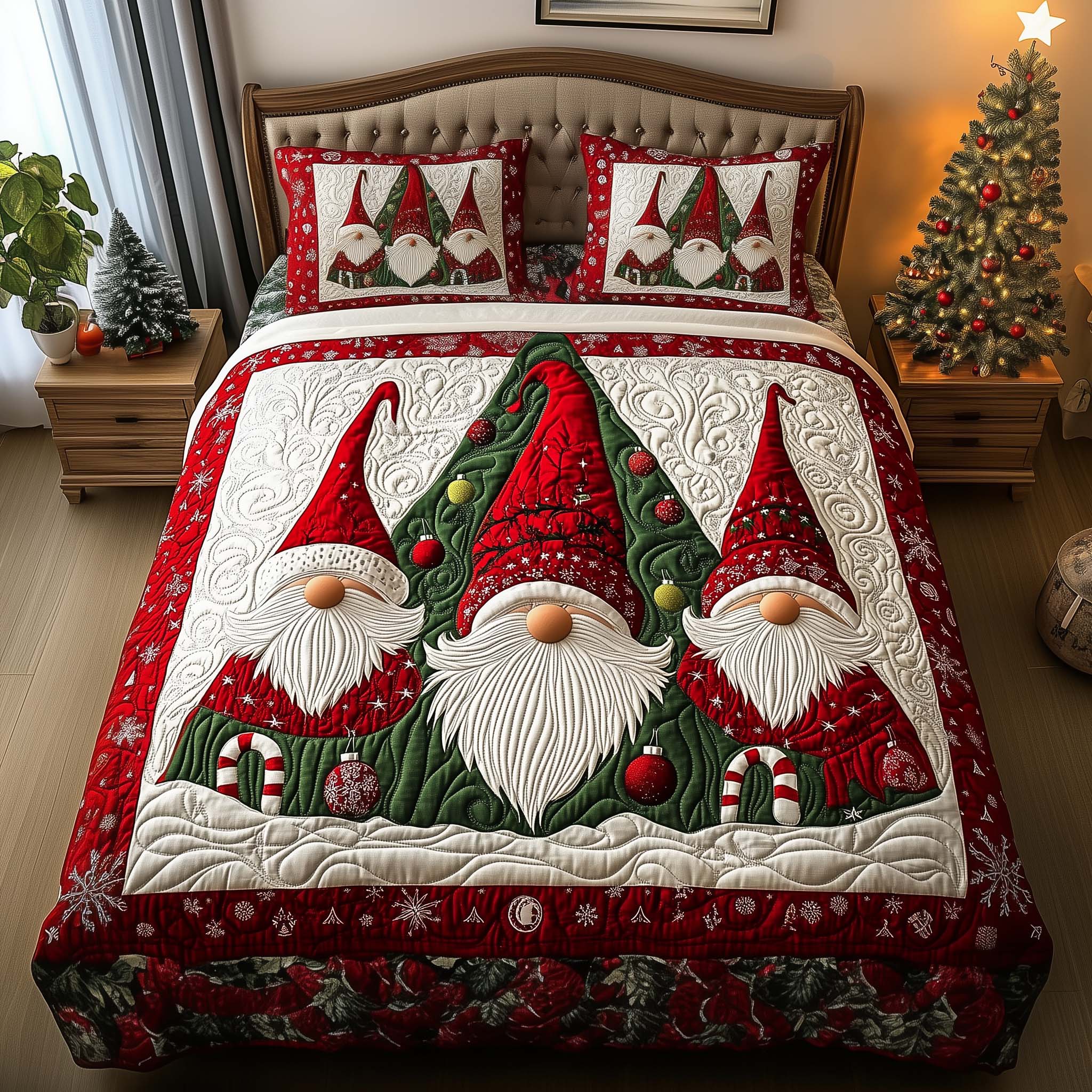Trio Gnomes Quilted Bedding Set Christmas Bedroom Gifts For Gnome Lovers