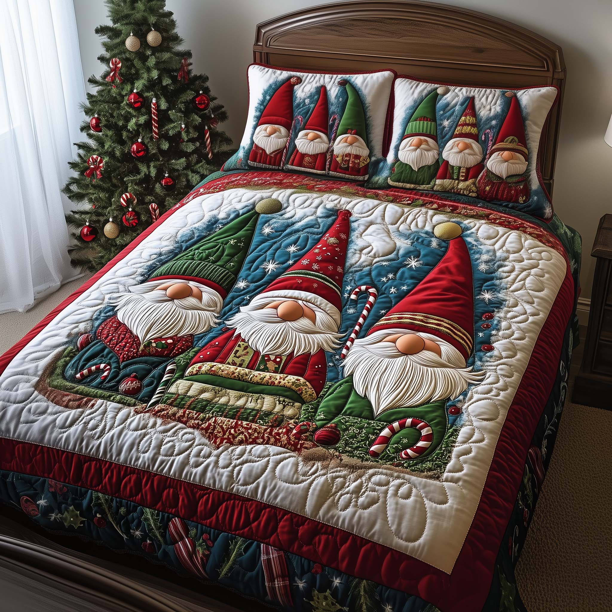 Trio Gnomes Quilted Bedding Set Christmas Bedroom Gnome Themed Gifts