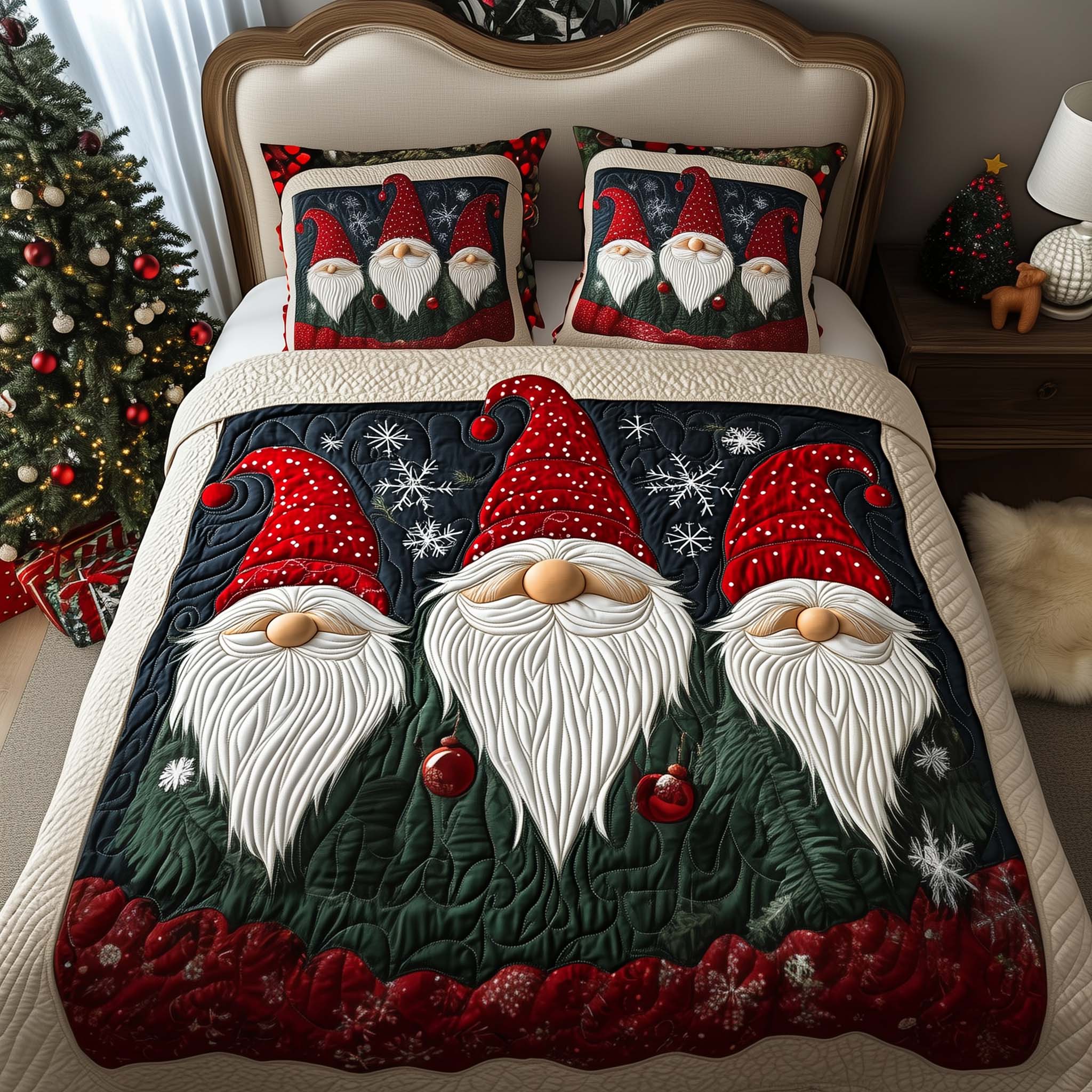 Trio Gnomes Quilted Bedding Set Holiday Bedding Sets Gnome Gifts For Her