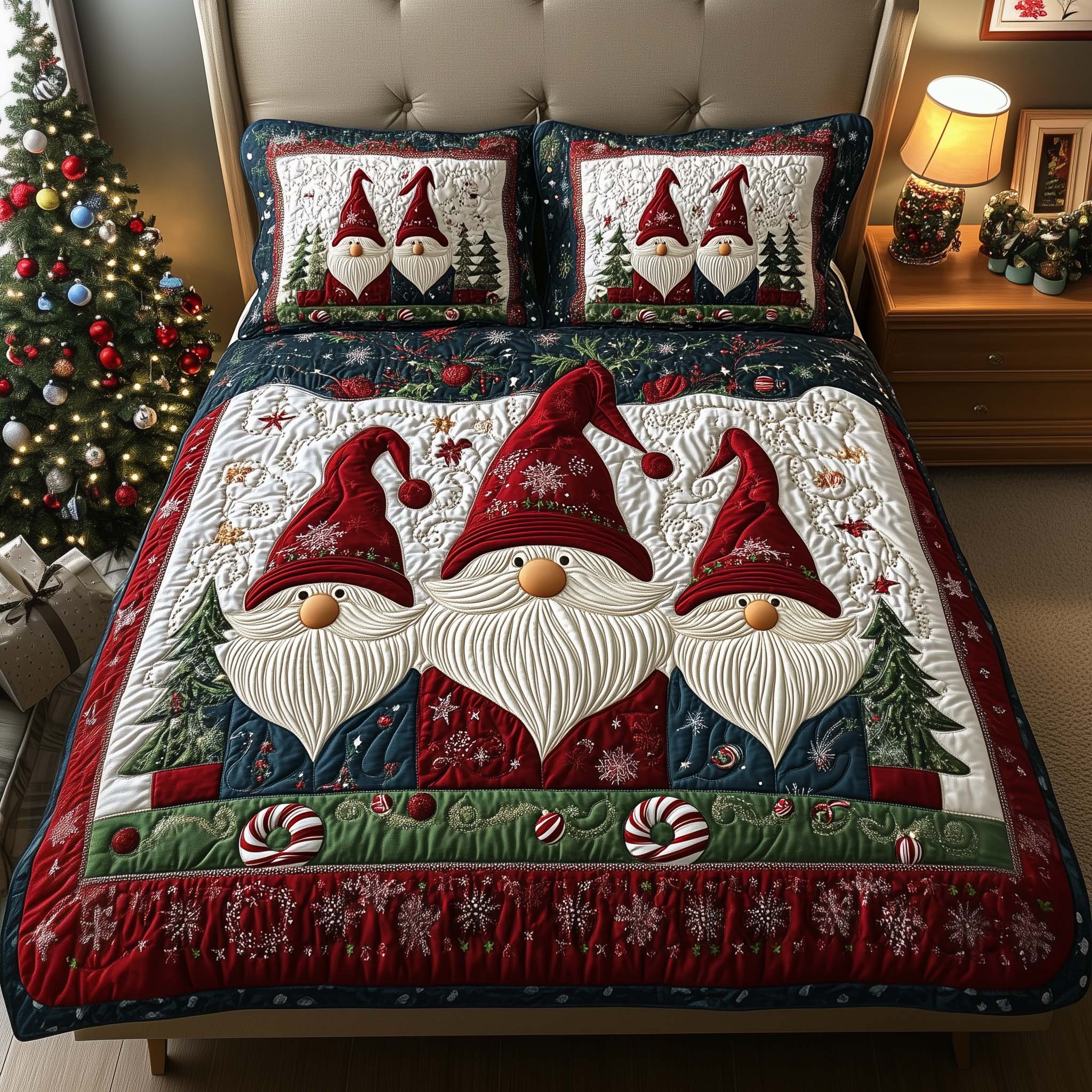 Trio Gnomes Quilted Bedding Set Santa Duvet Cover Best Gnome Gifts