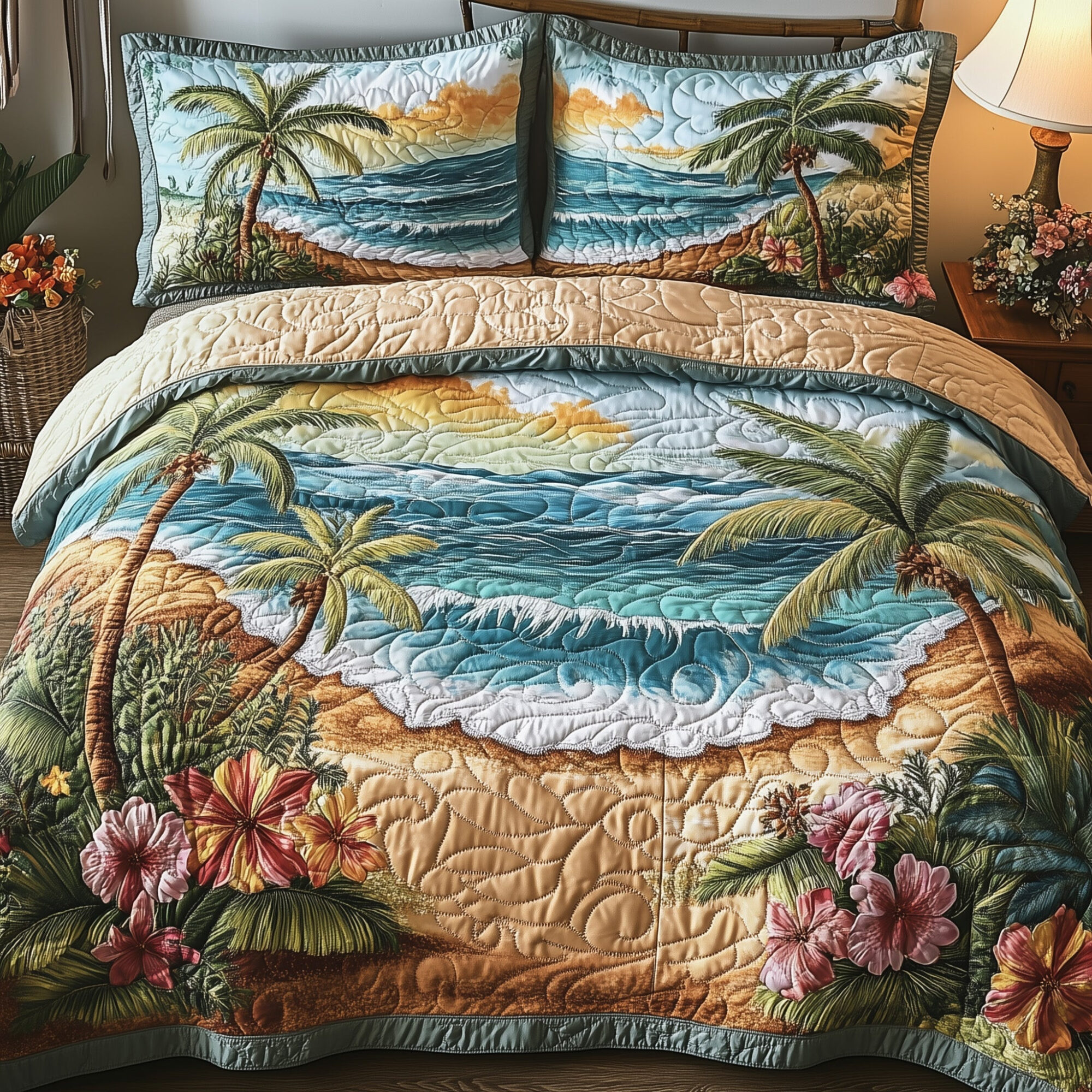 Tropical Beach Quilted Bedding Set Beach Paradise Decor Island Flower Ocean Bedding Gifts