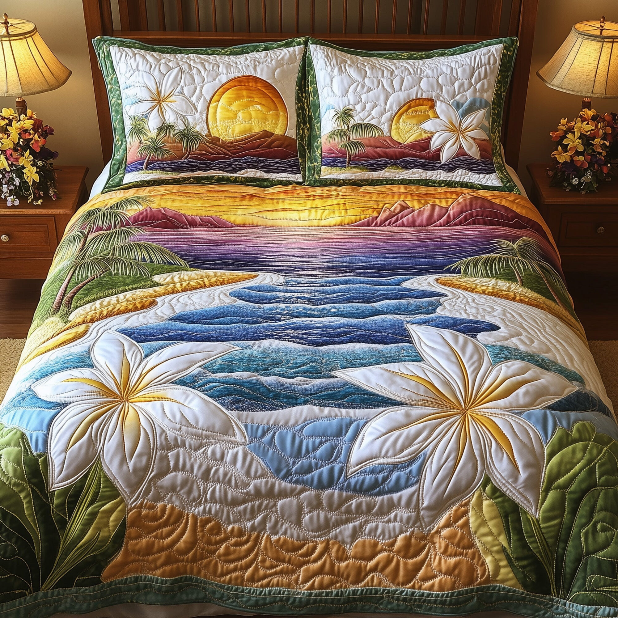 Tropical Beach Quilted Bedding Set Floral Seascape Decor Blossom Flowers Bedding Gifts