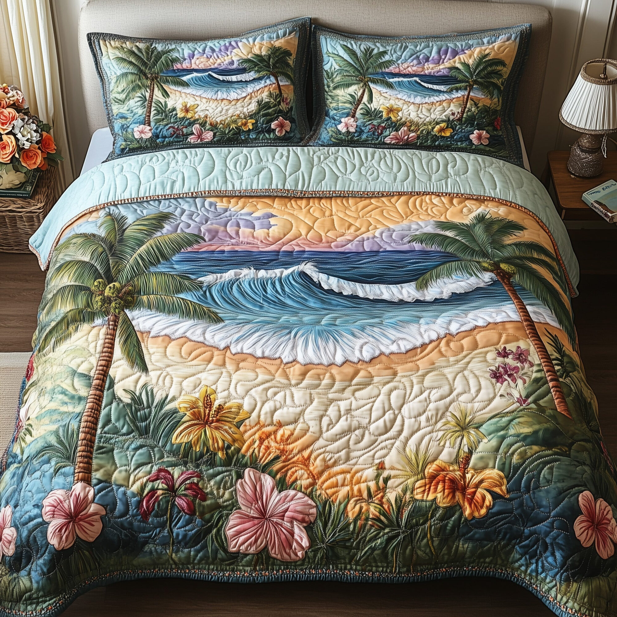 Tropical Beach Quilted Bedding Set Island Beach Decor Blossom Flowers Bedding Gifts