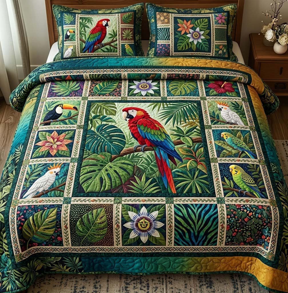 Tropical Parrots Quilted Bedding Set Best Bedding Sets Great Mother's Day Gifts