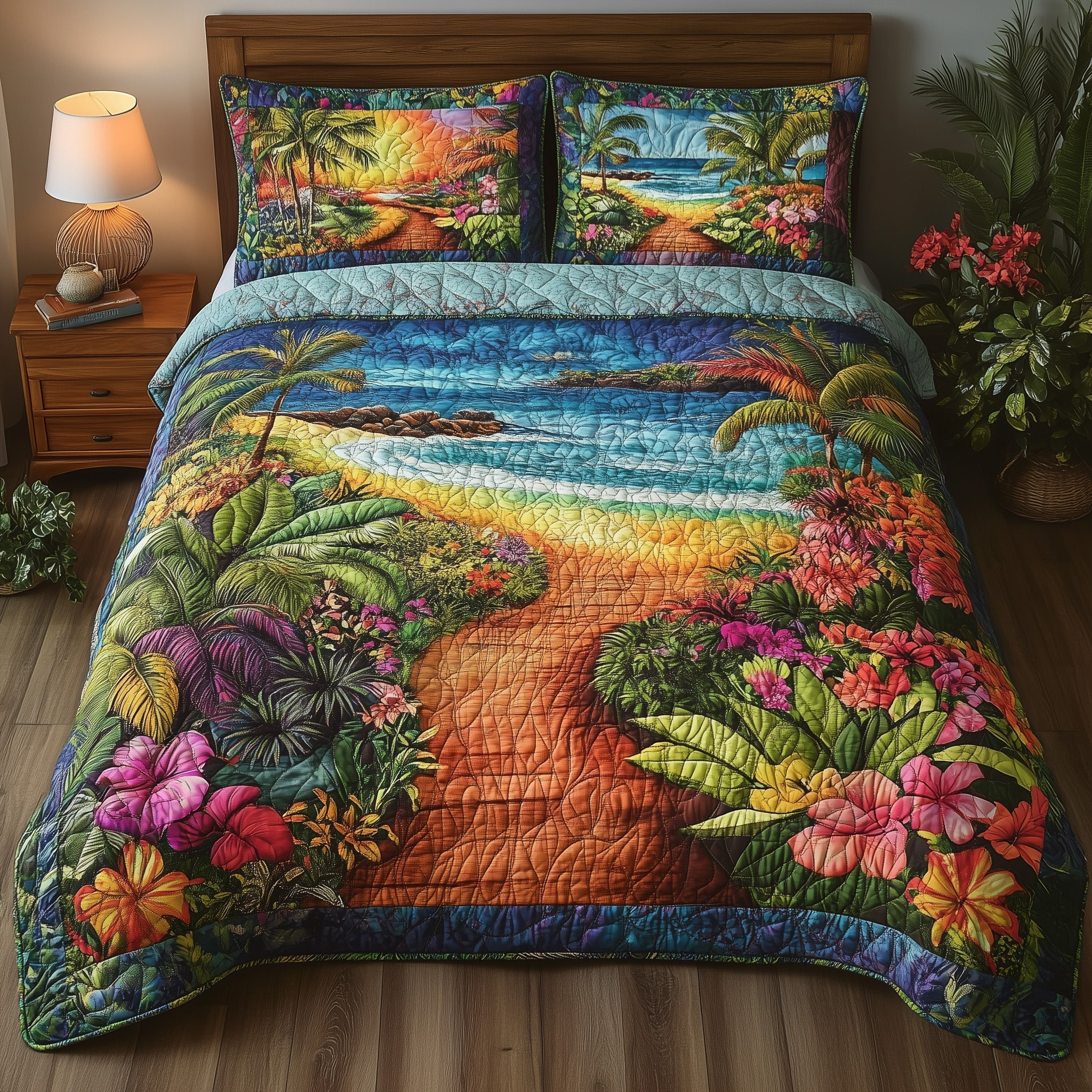 Tropical Path Quilted Bedding Set King Comforter Sets Summer Gifts For Beach Lovers