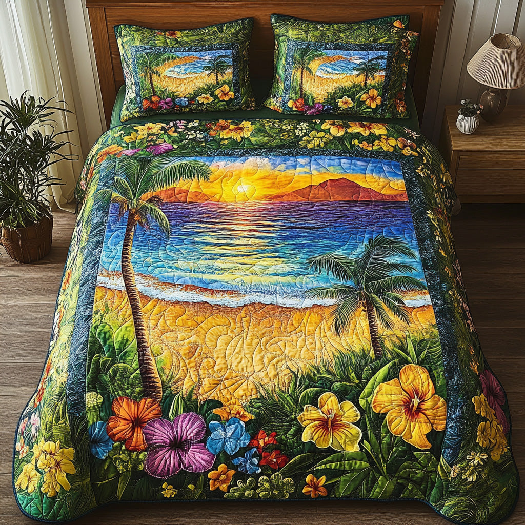 Tropical Vibe Quilted Bedding Set Bedspreads Beach Lover Gifts For Her