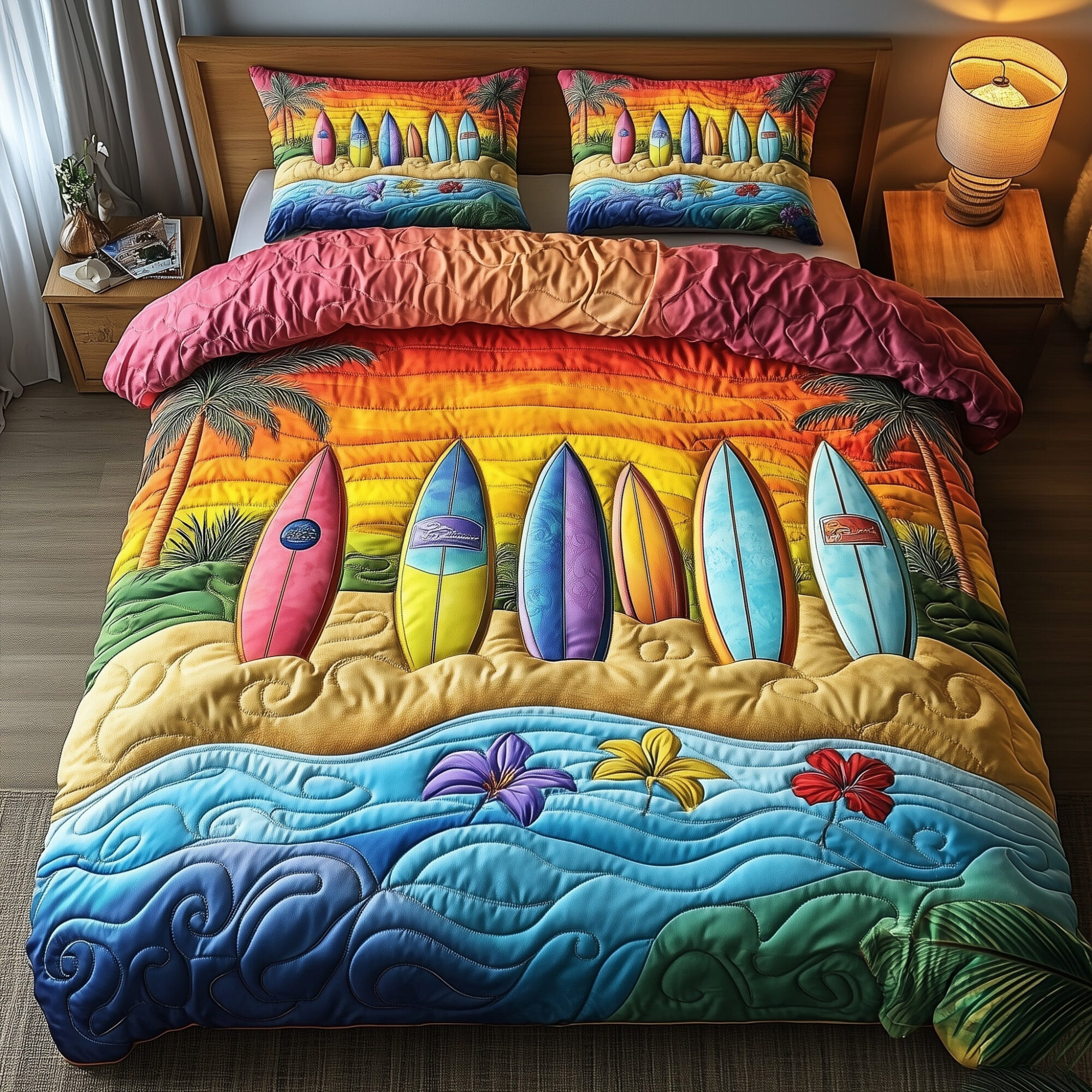 Tropical Wave Rider Quilted Bedding Set Coastal Surf Ocean Adventure Design Bedding Gift Ideas