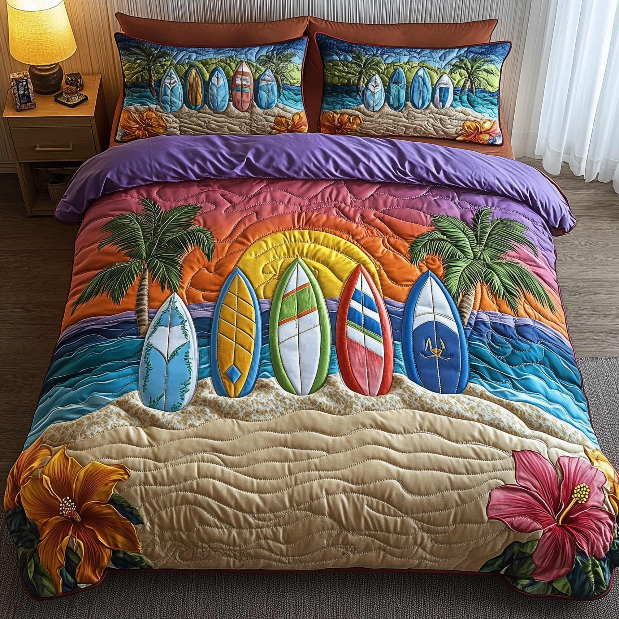 Tropical Wave Rider Quilted Bedding Set Coastal Surf Ocean Adventure Themed Bedding Gift Ideas