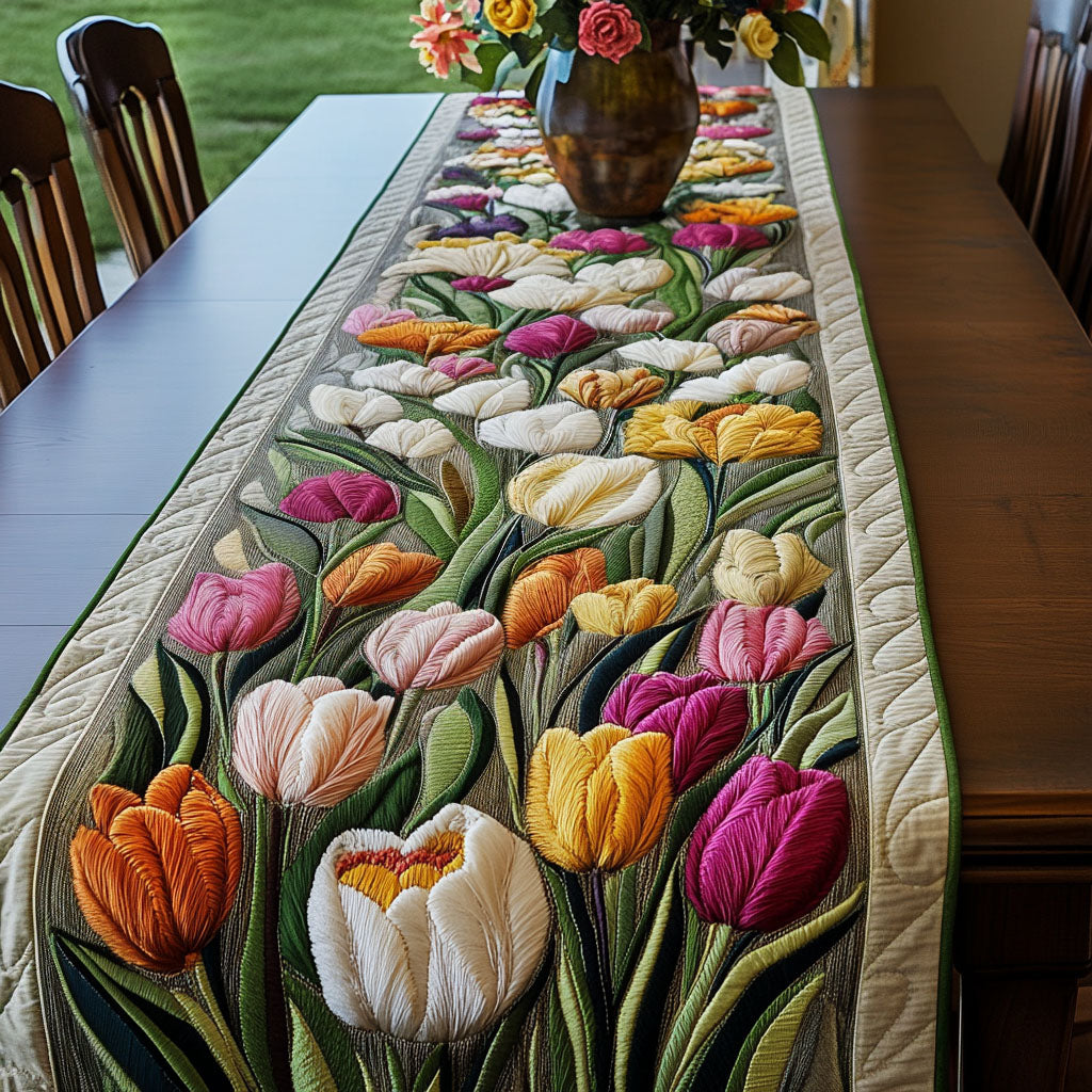 Tulip Garden Quilted Table Runner Dining Room Table Decor Unique Gifts For Tulip Lovers