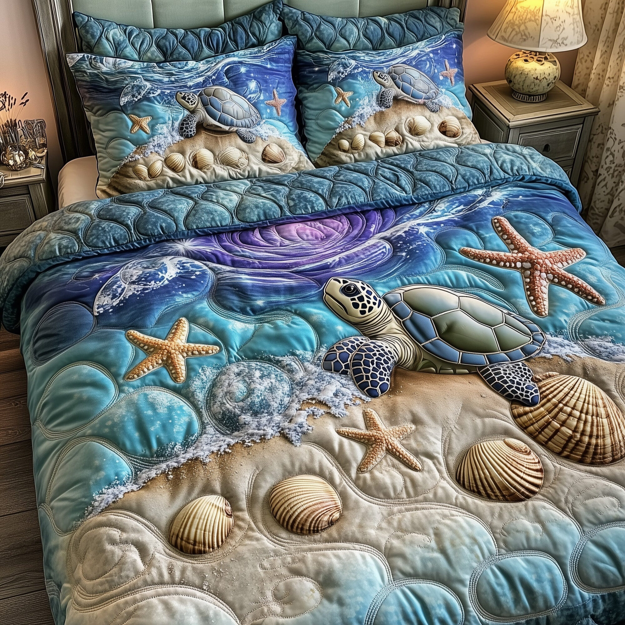 Turtle Ocean Journey Quilted Bedding Set Coastal Turtle Theme Cute Sea Animal Bedding Gifts