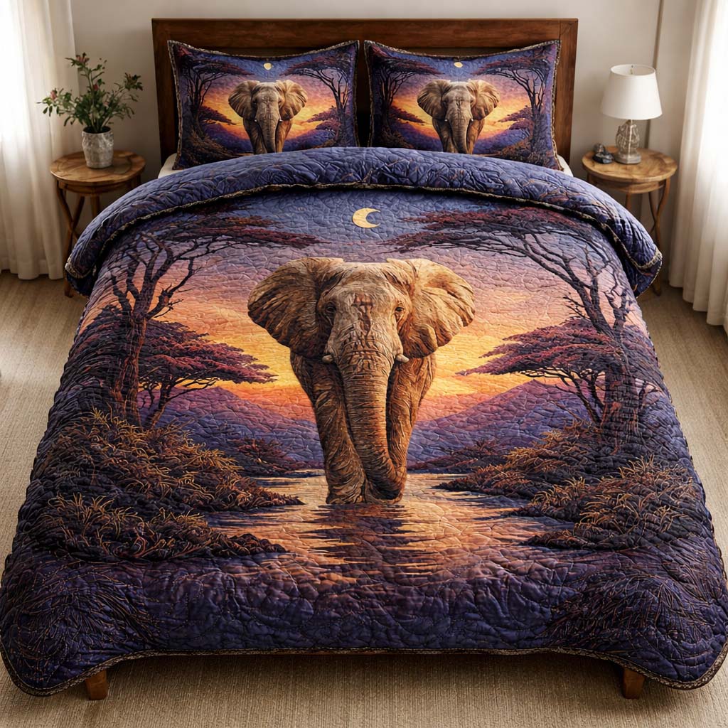 Twilight Elephant Quilted Bedding Set Cozy Bedroom Ideas Gifts For Elephant Lovers