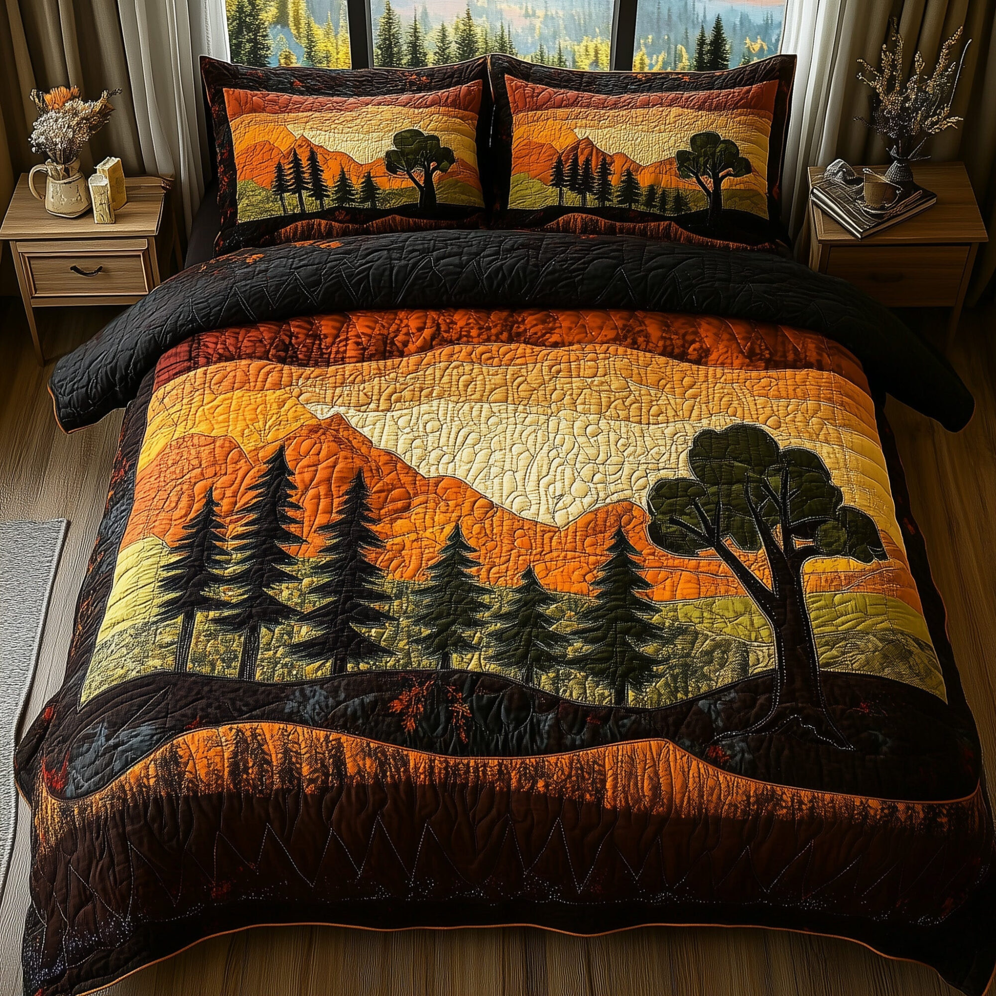 Twilight Forest Quilted Bedding Set Rustic Nature Design Sunset Themed Bedding Gifts