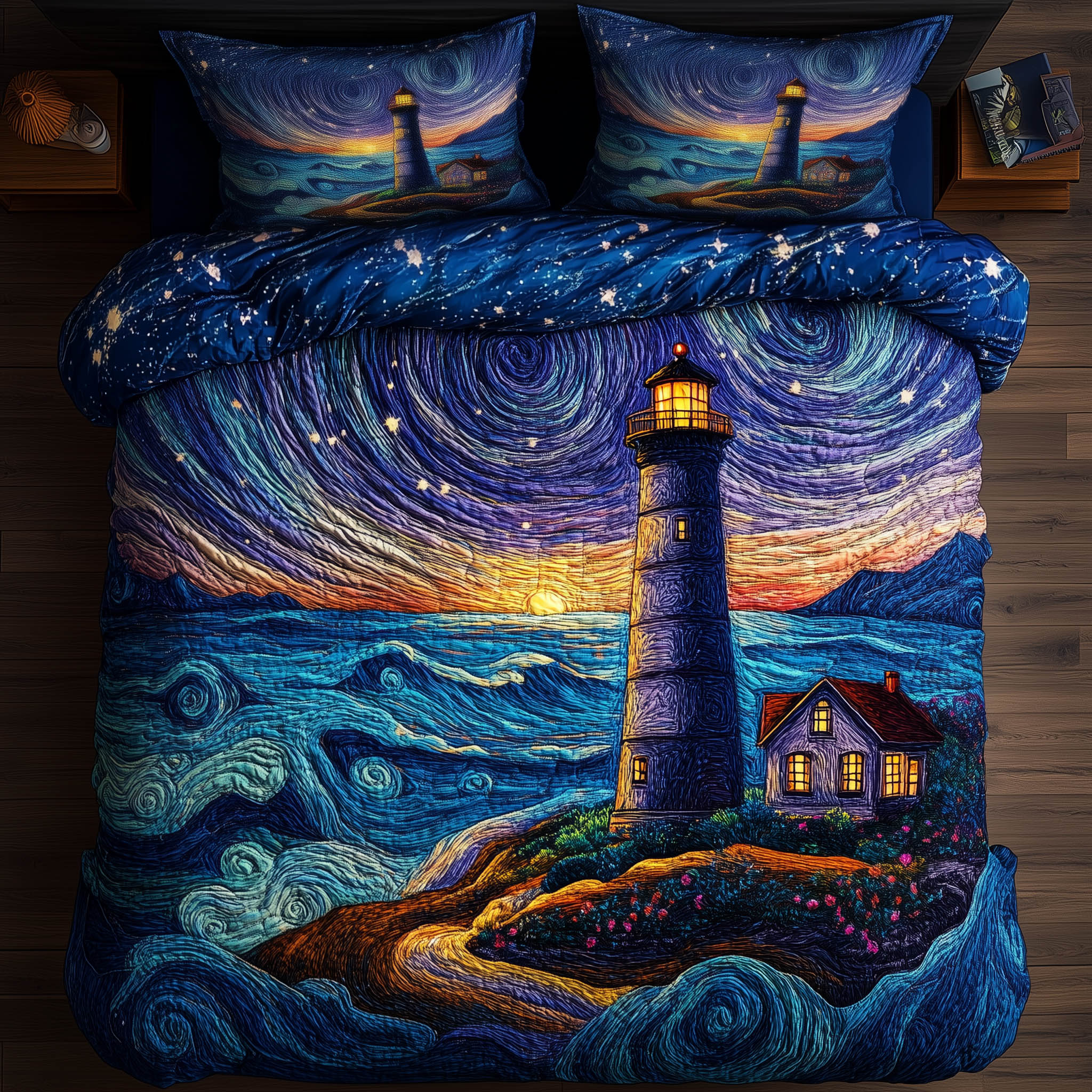 Twilight Lighthouse Quilted Bedding Set Bed Bedding Set Lighthouse Gifts Items