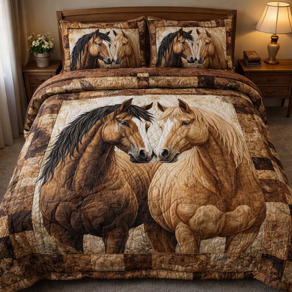 Twin Horses Quilted Bedding Set Best King Sheet Set Best Gifts For Horse Lovers