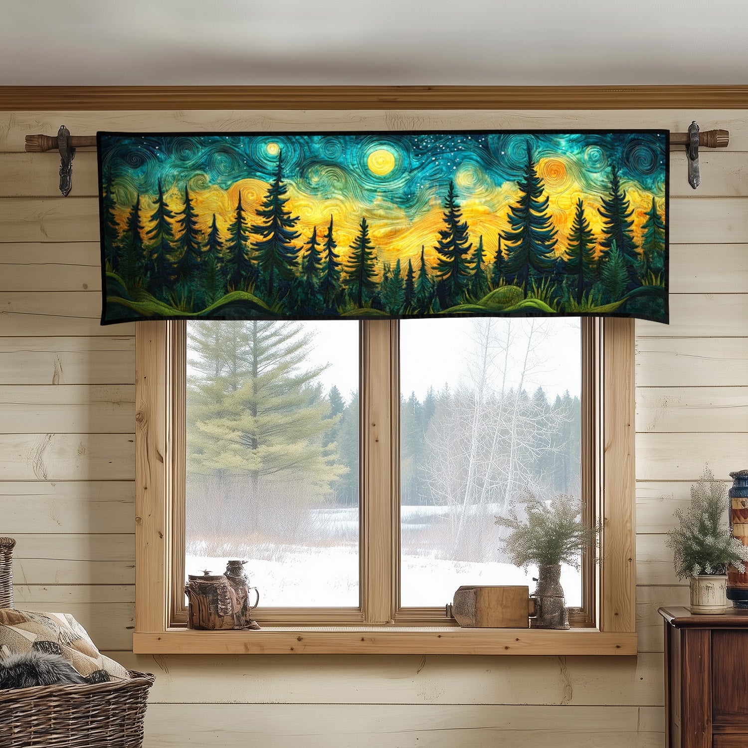 Van Gogh Pines Quilted Valance Dining Room Table Decorated For Christmas Forest Themed Gifts