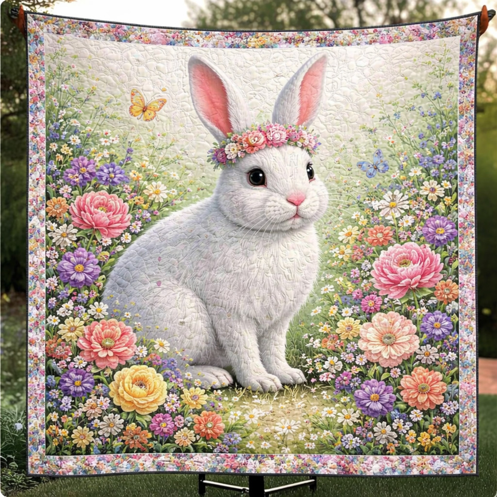 Vibrant Easter Rabbit Quilted Blanket Artistic Bedroom Decor Gift For Daughter