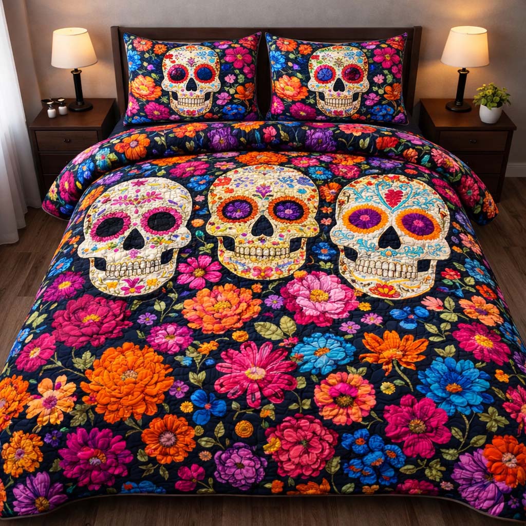 Vibrant Garden Skulls Quilted Bedding Set Bed Room Decoration Mexican Skull Souvenirs