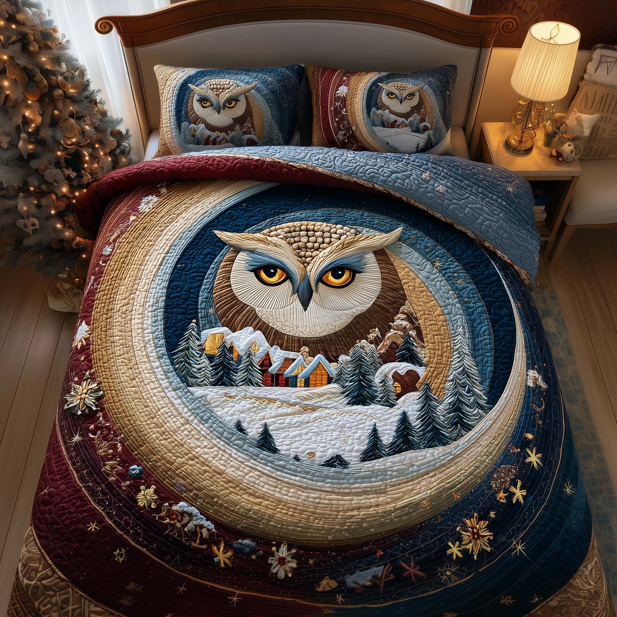 Village Owl Quilted Bedding Set Cozy Christmas Bedroom Unique Owl Gift Items