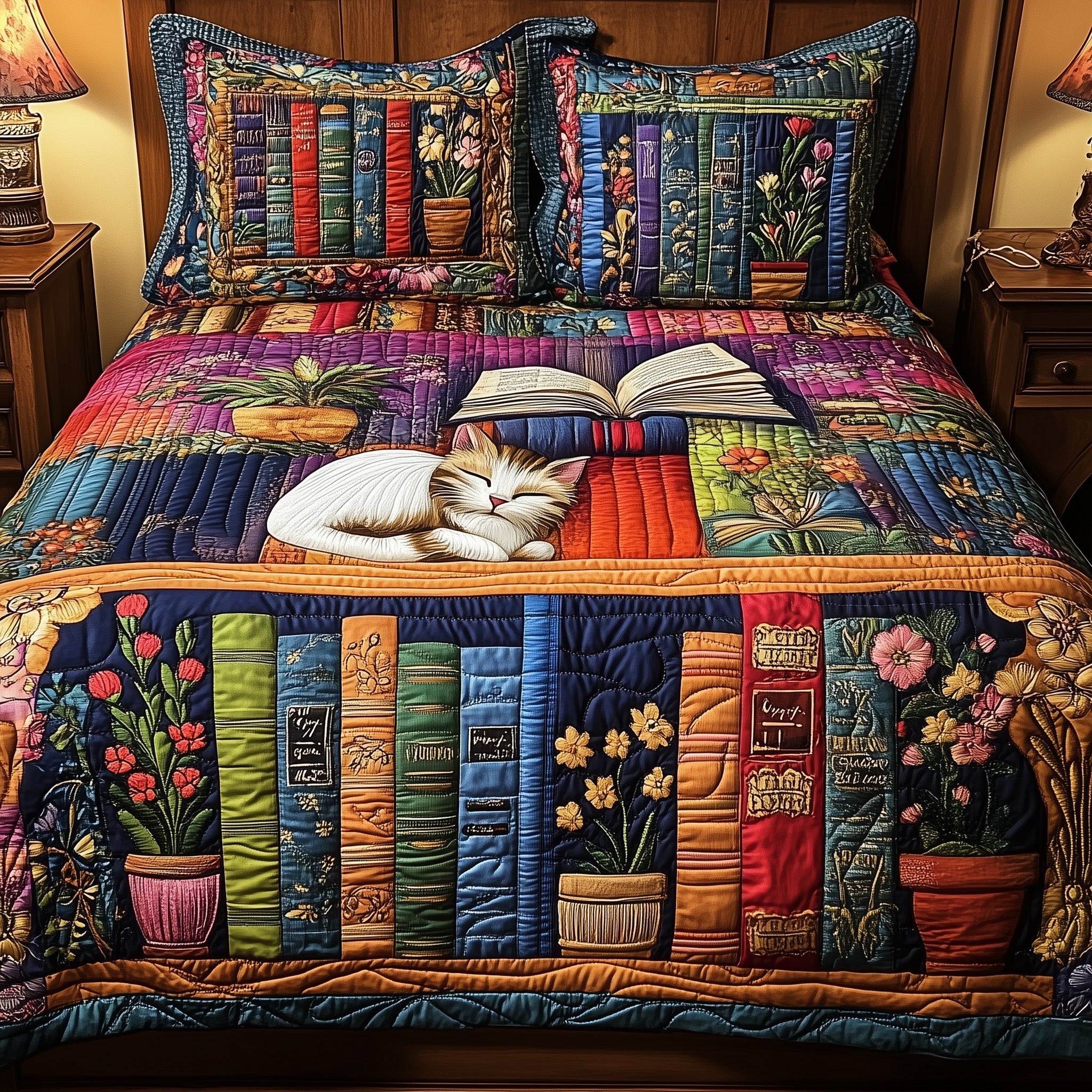 Vintage Cat Bookshelf Quilted Bedding Set Bedding Ideas Gifts For People Who Love Books