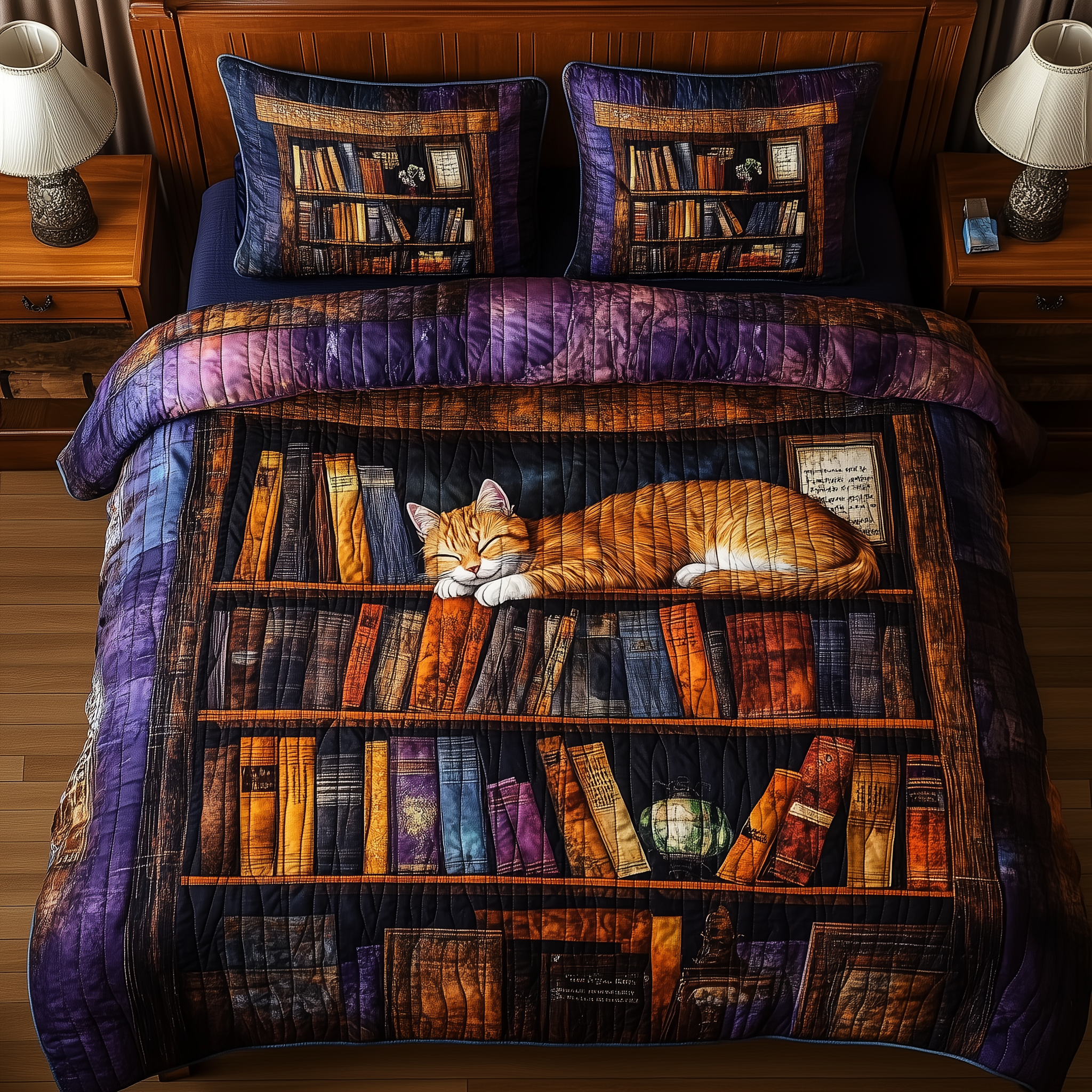 Vintage Cat Bookshelf Quilted Bedding Set Bedroom Decorations Book Lovers Gifts Mother's Day