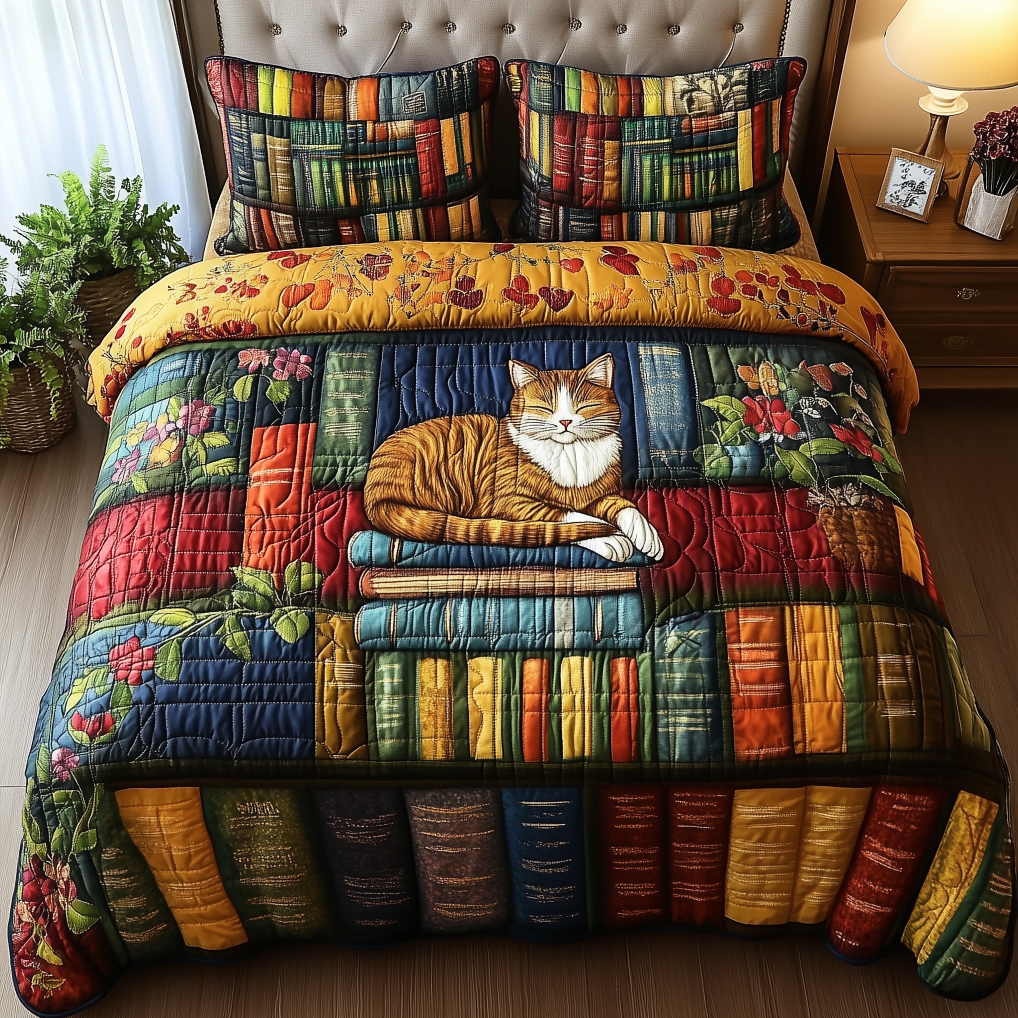 Vintage Cat Bookshelf Quilted Bedding Set Bedroom Room Decor Unusual Book Gifts Items