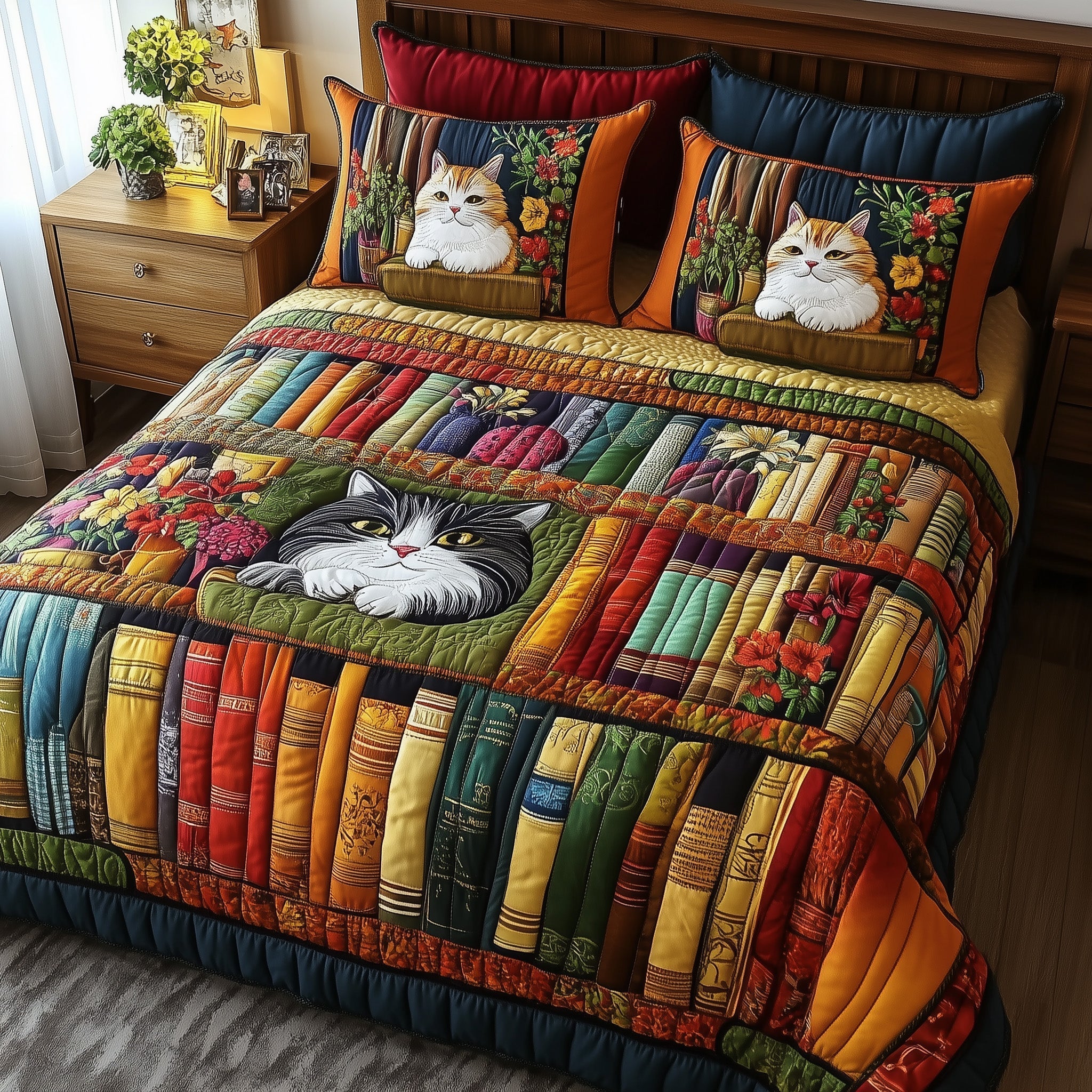 Vintage Cat Bookshelf Quilted Bedding Set Best King Bedding Sets Best Unique Book Gifts