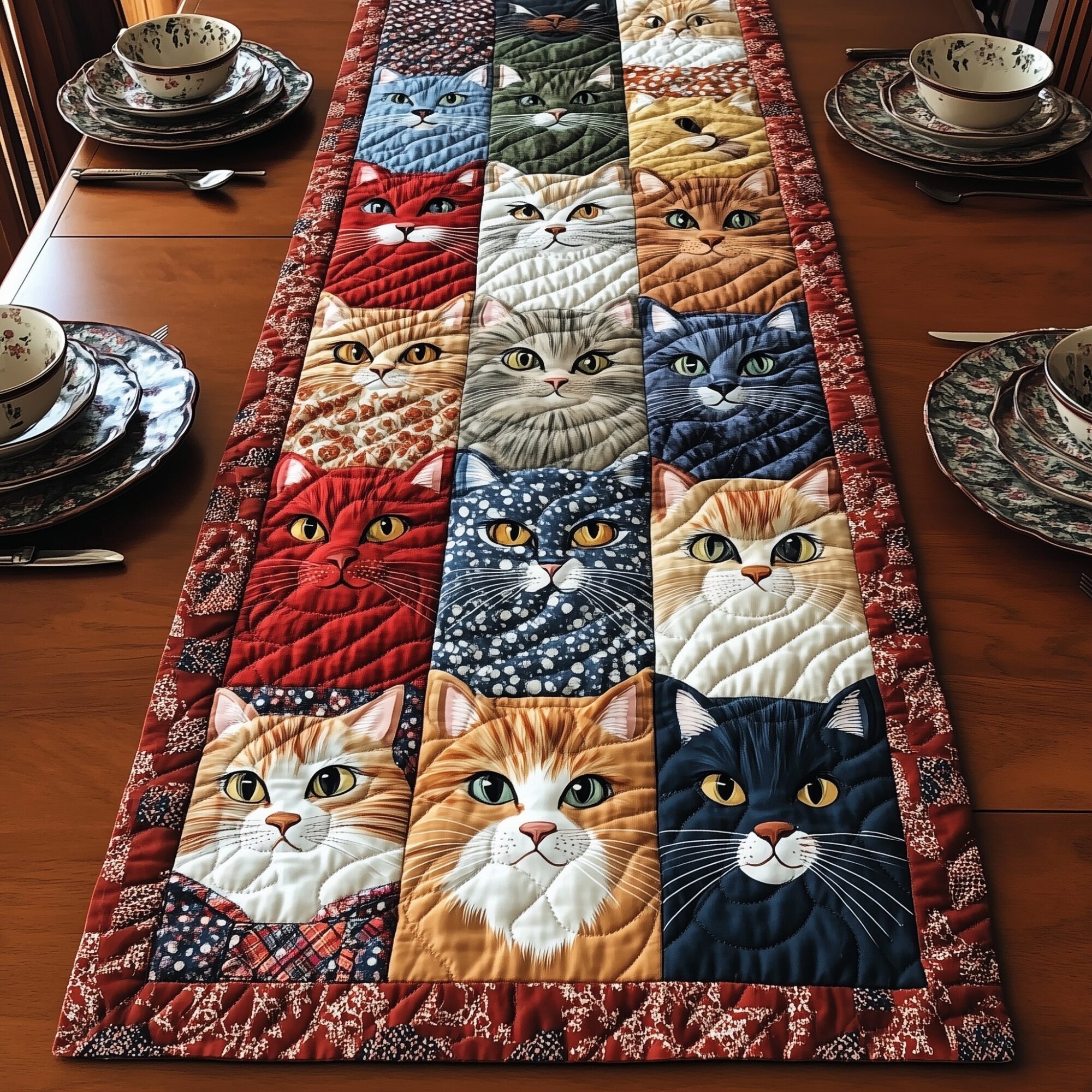Vintage Cat Quilted Table Runner Dining Table Decor Ideas Birthday Cat Gifts