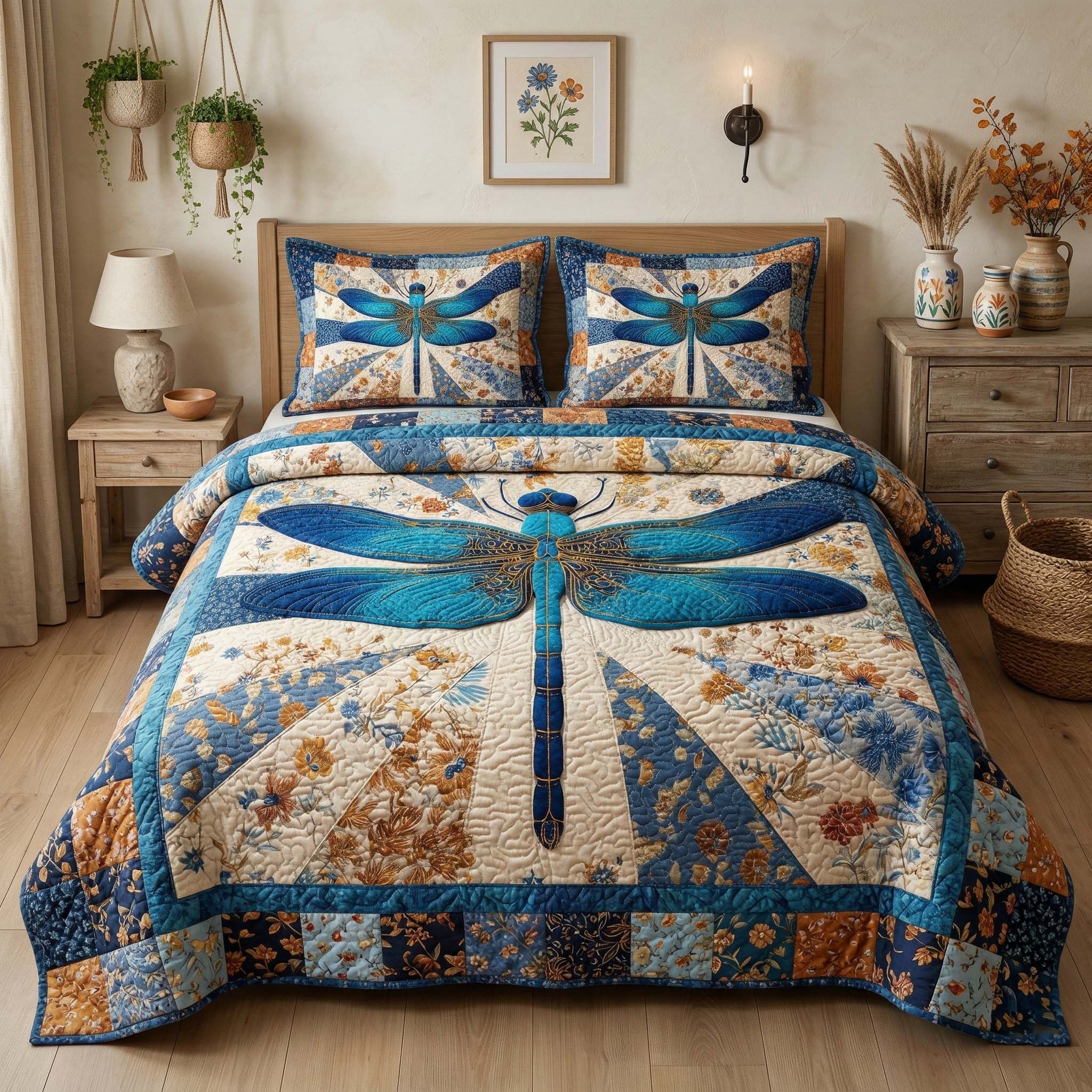 Vintage Dragonfly Quilted Bedding Set King Comforter Sets Dragonfly Gifts For Her