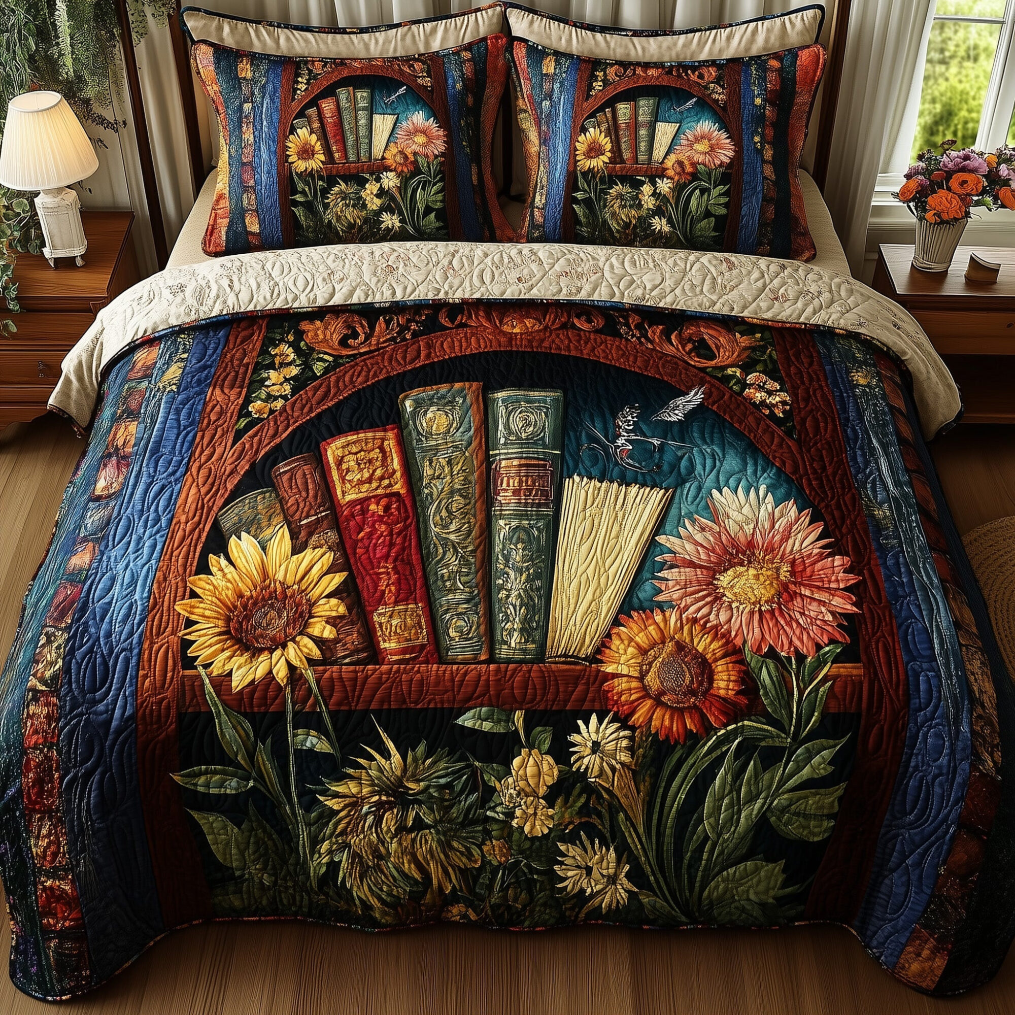 Vintage Library Quilted Bedding Set Classic Floral Bookshelf Decor Peaceful Book Themed Presents