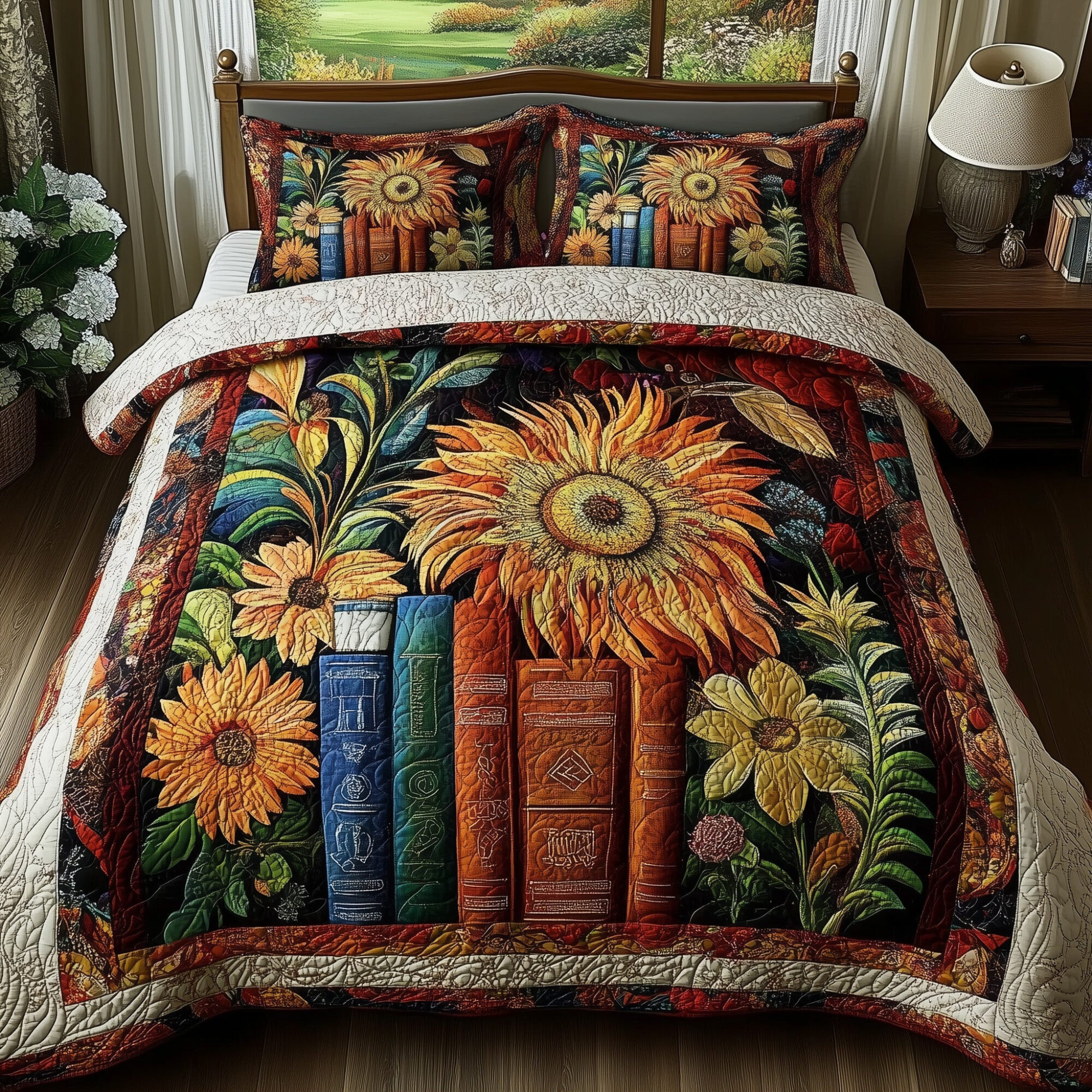 Vintage Library Quilted Bedding Set Reading Room Decor Peaceful Bookish Themed Gifts